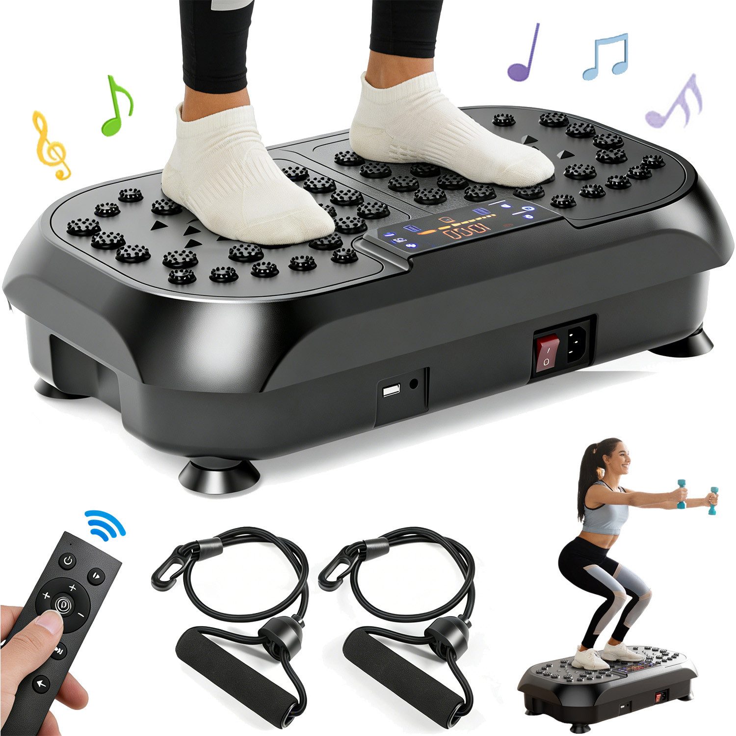 oyajia Vibrationsplatte 4D Vibrationsplatte Profi-Ganzkörpertraining für Zuhause,Leise Motoren, 200 W, 99 Intensitätsstufen, (Fitnessgerät für Muskelaufbau & Fettverbrennung, mit Magnetfeldmassage), Inkl. Fernbedienung & Trainingsbänder - LED Display Design, bis 120 kg