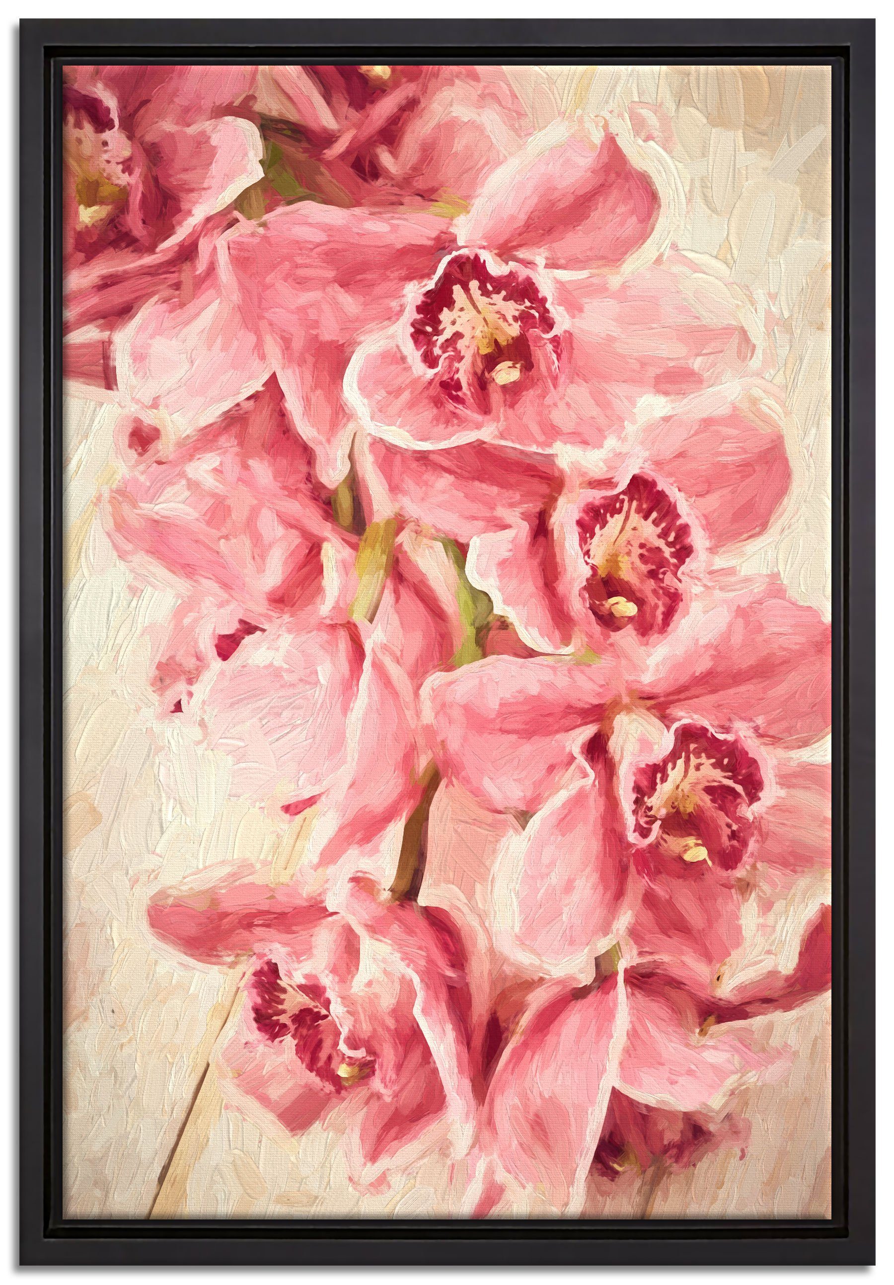 Pixxprint Leinwandbild Rosane Orchideenblüten Kunst, Wanddekoration (1 St), Leinwandbild fertig bespannt, in einem Schattenfugen-Bilderrahmen gefasst, inkl. Zackenaufhänger