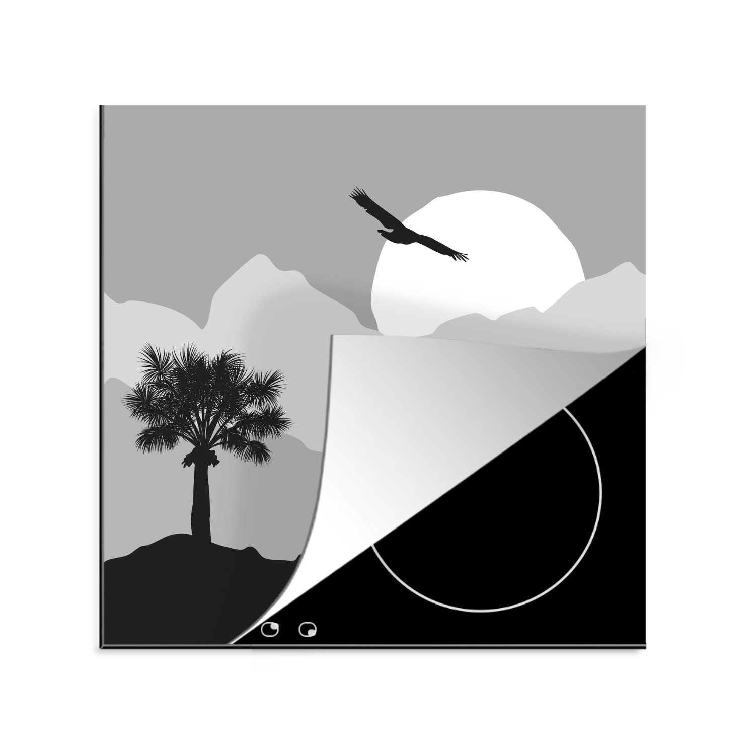 Schwarz Palme 78x78 Ceranfeldabdeckung, - Vogel Arbeitsplatte Weiß, - Sonne cm, Herdblende-/Abdeckplatte - küche für - MuchoWow tlg), Vinyl, (1