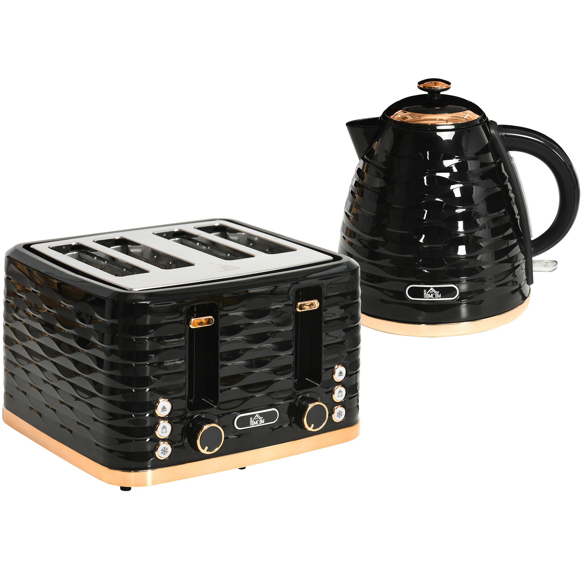 HOMCOM Toaster Wasserkocher Frühstück-Set: 1,7L, 4 Scheiben, 7 Bräunungsstufen, 4 Schlitze, für 4 Scheiben, 2200 W, Auftau-, Aufwärm- und Krümelschublade, Otter-Thermostat, Schwarz