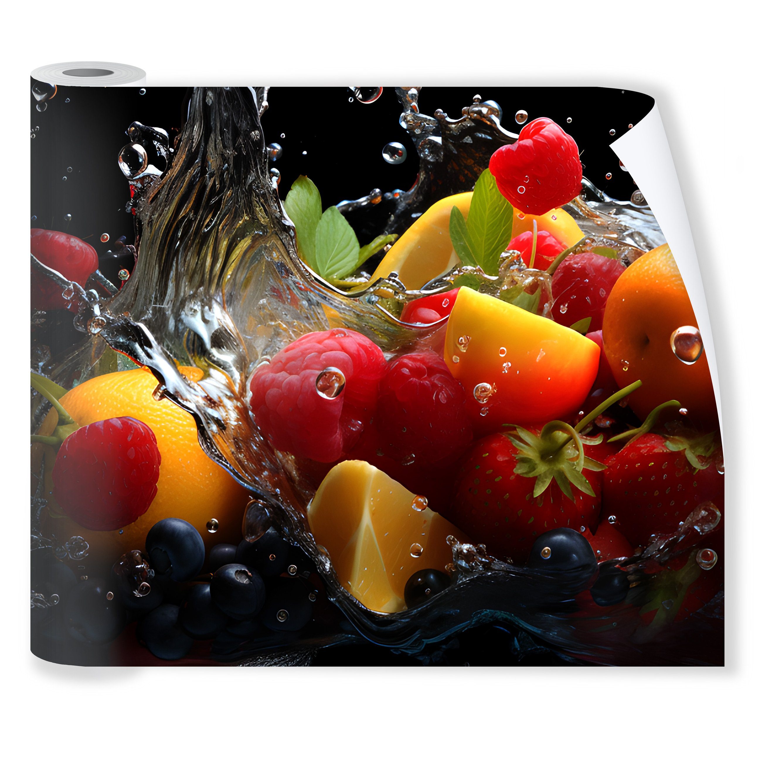 Wallarena Fototapete Küche Obst Zitronen Himbeeren Vlies Tapete Wandtapete 250x60 cm, Glatt Vlies, Abwaschbares Vlies, Blaubeeren, Modern, Tapete inklusive Kleister Vliestapete Motivtapete Laminiert Waschbar