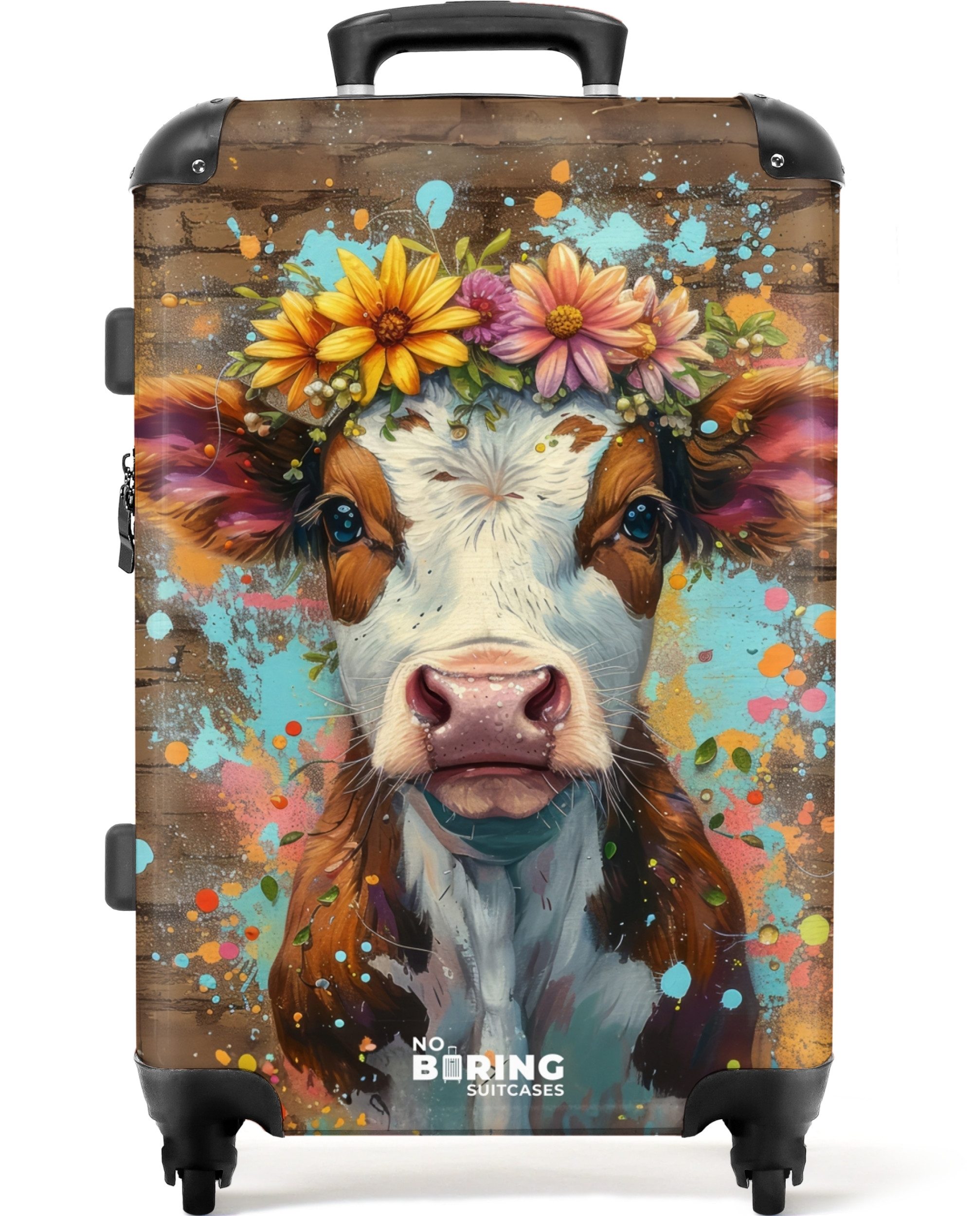 NoBoringSuitcases.com© Hartschalen-Trolley Graffiti-Kuh mit bunten Blumen günstig online kaufen