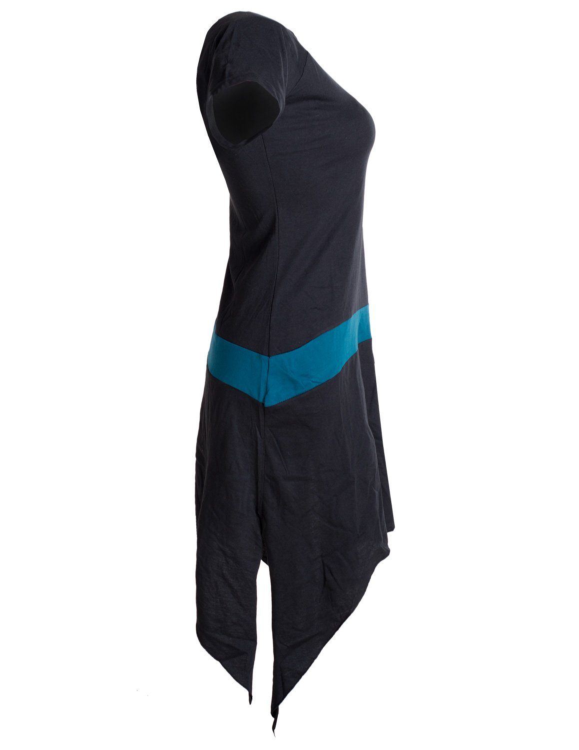 Sommerkleid Hippie Baumwolle Tunika, schwarz-türkis Longshirt, Einfaches Zipfelkleid Vishes kurzärmliges aus Style