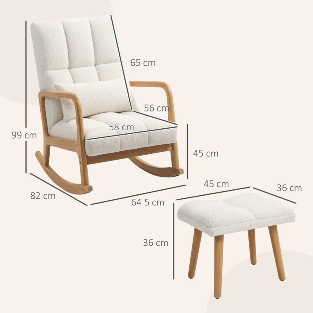 REDOM Schaukelsessel Sessel 64,5x82x99 cm mit Hocker, Weiß, Fleece-Bezug, Armlehnen (Schaukelstuhl, Gepolstert, hohe Rückenlehne, Holzkufen, 2-St., Relaxsessel inkl. Hocker), Relaxsessel für Wohnzimmer, Schlafzimmer & Stillbereich