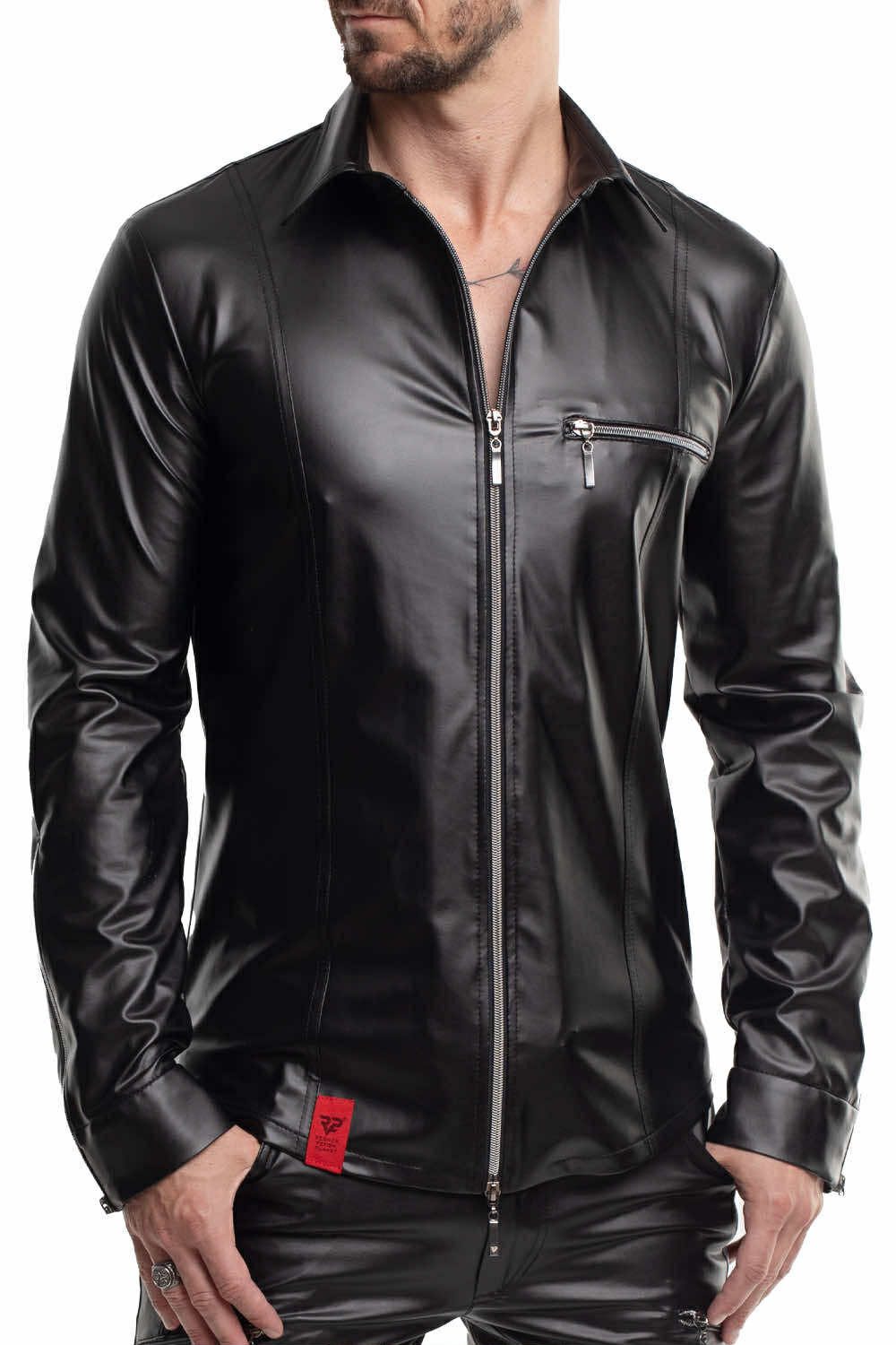Regnes Fetish Planet Lederimitatjacke Schwarze Herren wetlook Jacke Hemd Brusttasche mit Reißverschluss, Kra