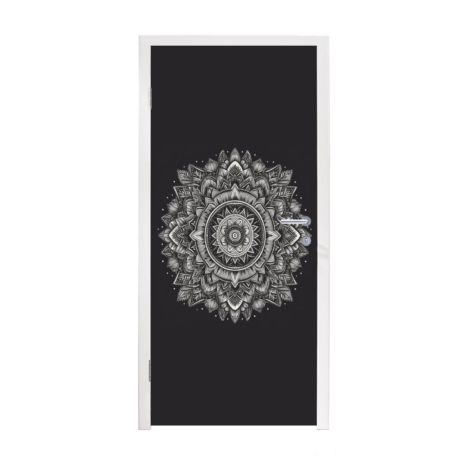 MuchoWow Türtapete Mandala - Schwarz und weiß - Blumen - Böhmisch - Natur, Matt, bedruckt, (1 St), Fototapete für Tür, Türaufkleber, 75x205 cm