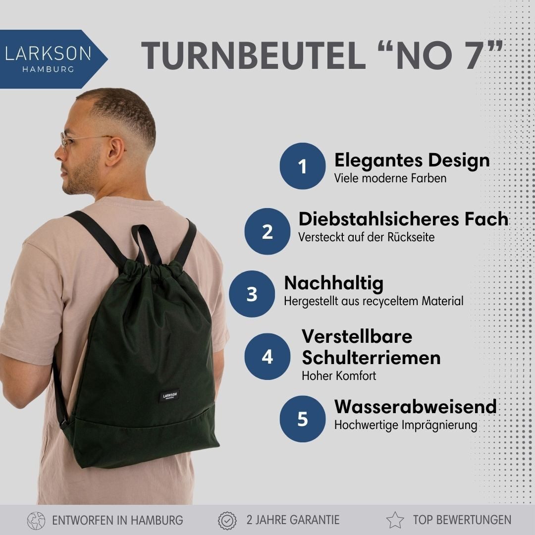 LARKSON Turnbeutel No 7 Turnbeutel Damen Herren (1-tlg), Sporttasche, Anti Diebstahl Seitentasche, Wasserabweisend