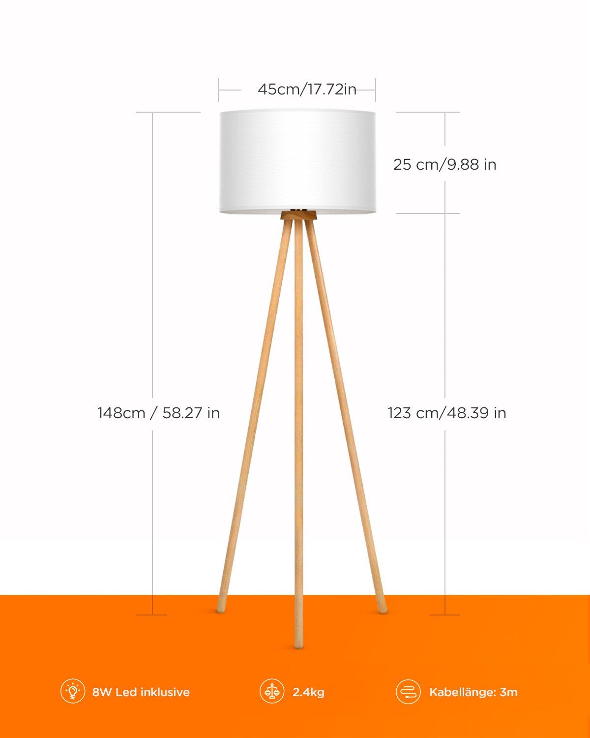 Tomons LED Stehlampe wohnzimmer Stehleuchte Stativ aus Holz, E27, mit 8W LED-Leuchtmittel