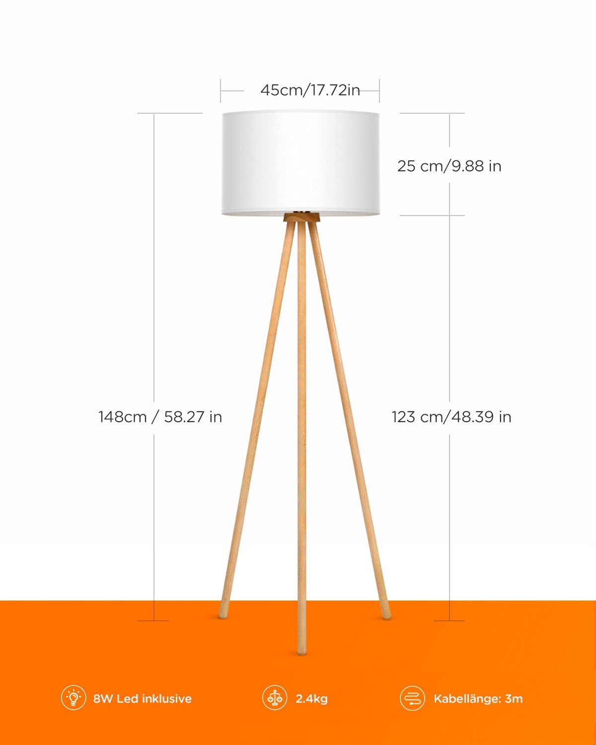 Tomons LED Stehlampe fest Stativ Weiß 8W LED-Leuchtmittel, mit LED Stehleuchte integriert Holz, aus