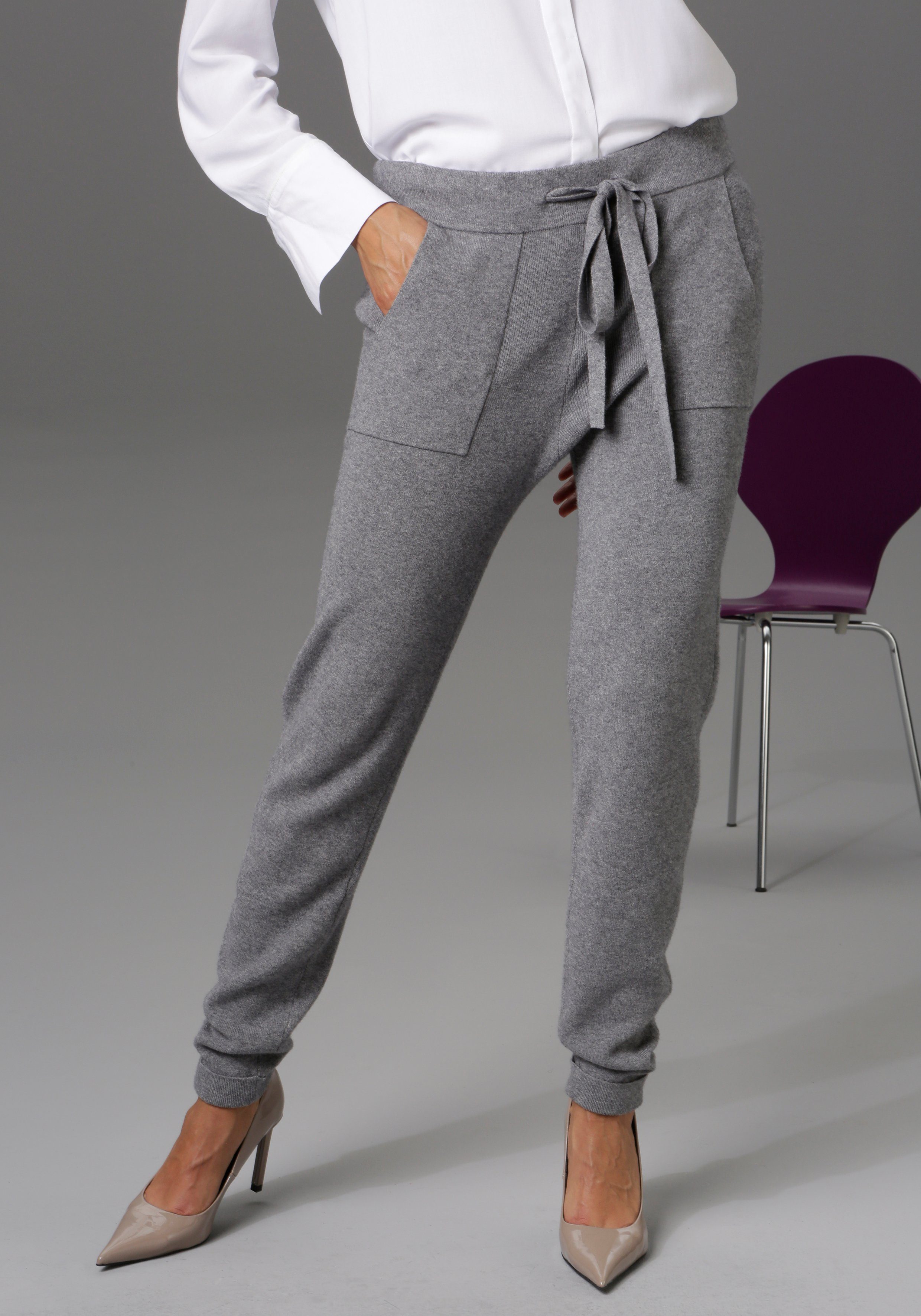 Taschen 2 Aniston mit Strickhose grau-meliert aufgesetzten CASUAL