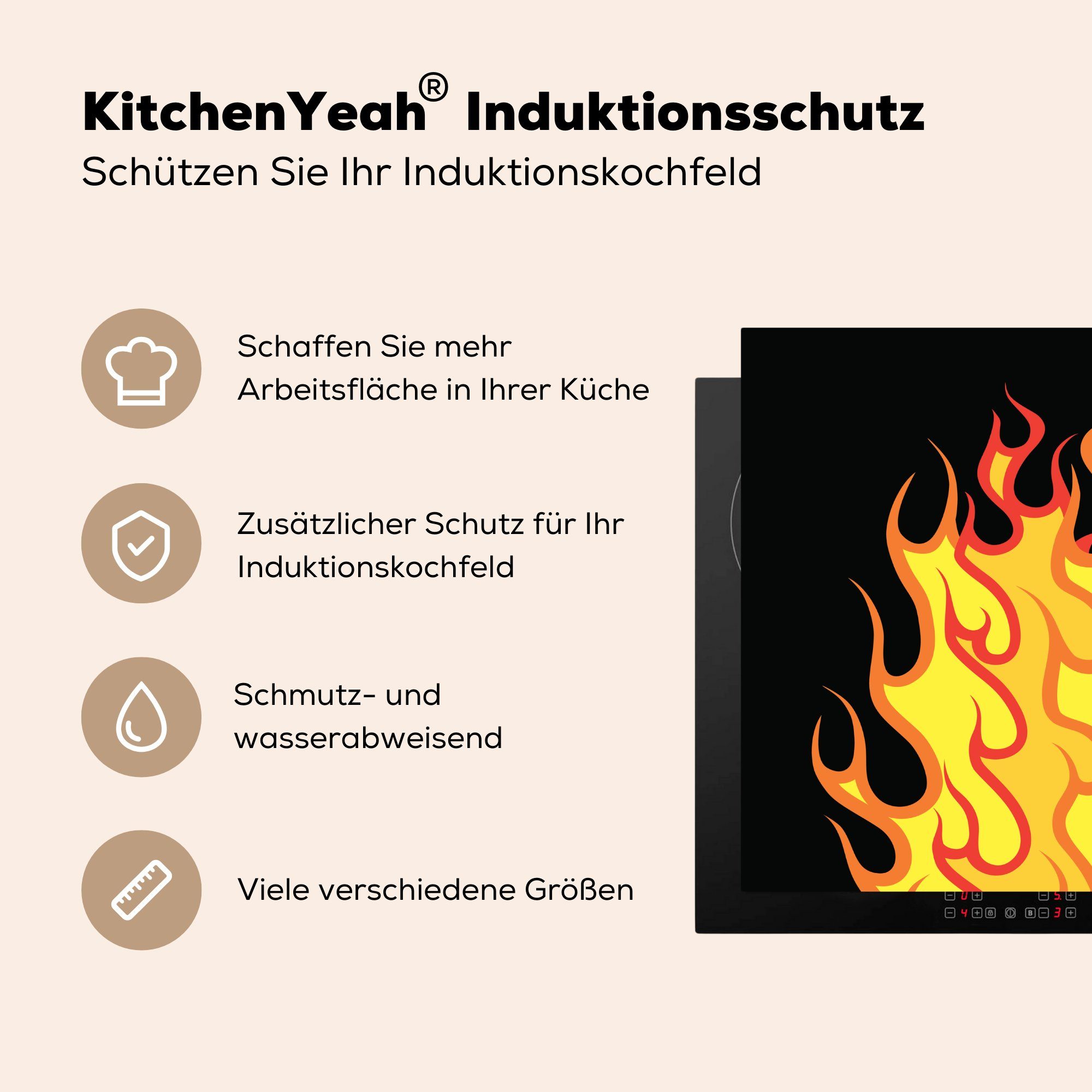 Hintergrund, einer 78x78 Ceranfeldabdeckung, Arbeitsplatte Flamme cm, küche für (1 schwarzem Herdblende-/Abdeckplatte Illustration auf MuchoWow tlg), Vinyl,
