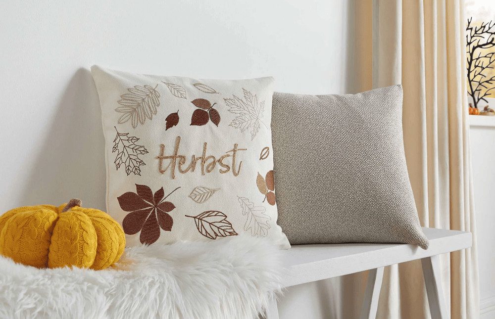 Home-trends24.de Kissenhülle Kissenbezug Herbst Blätter Schriftzug creme be günstig online kaufen