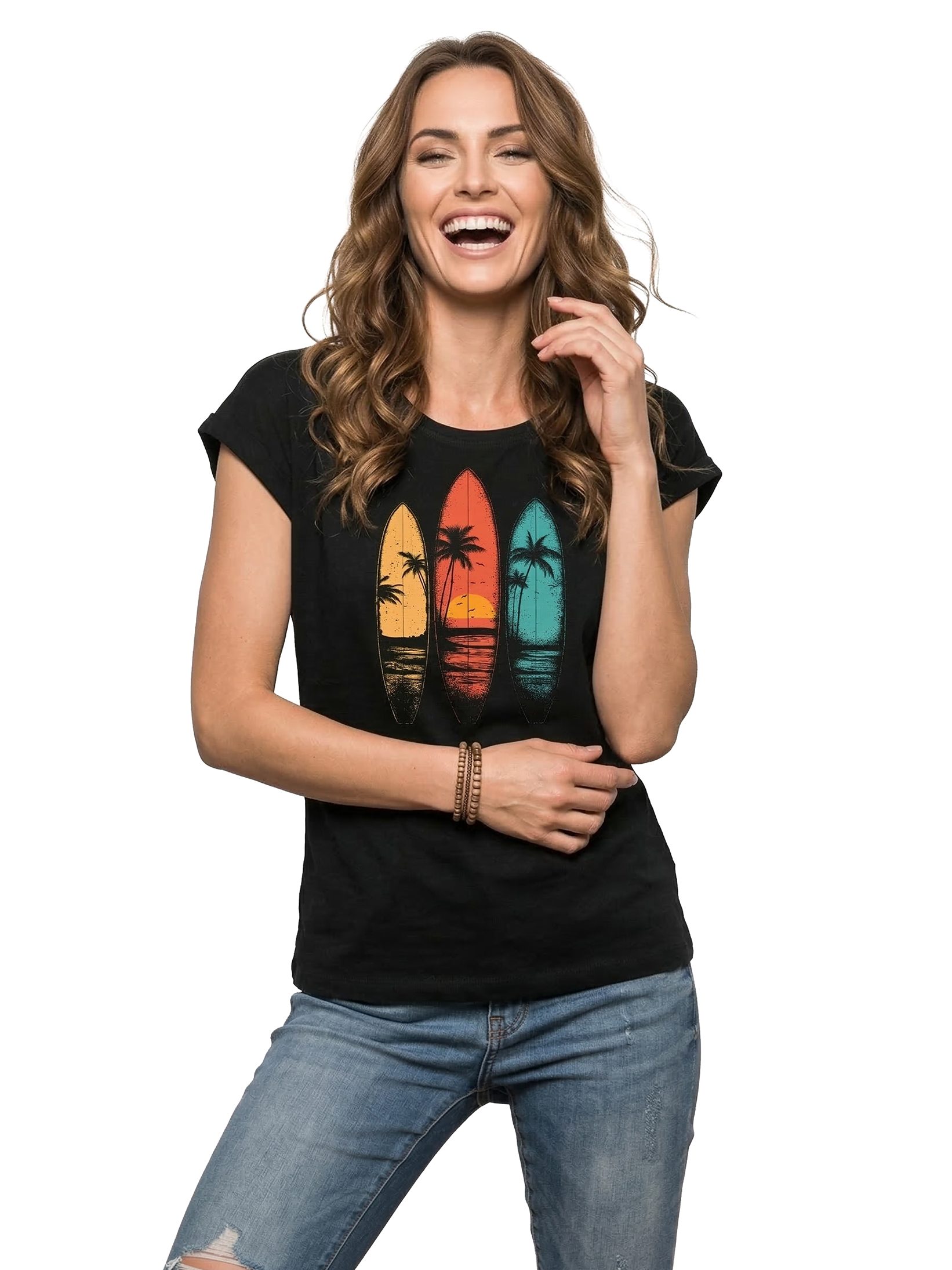 MAKAYA T-Shirt Vintage Damen T-Shirt mit Surfbrett-Print, Retro Surf-Motiv (Schwarz, Blau, Dunkelgrau, 34, 36, 38, 40, 42, 44, 46, 48, 50) Baumwolle