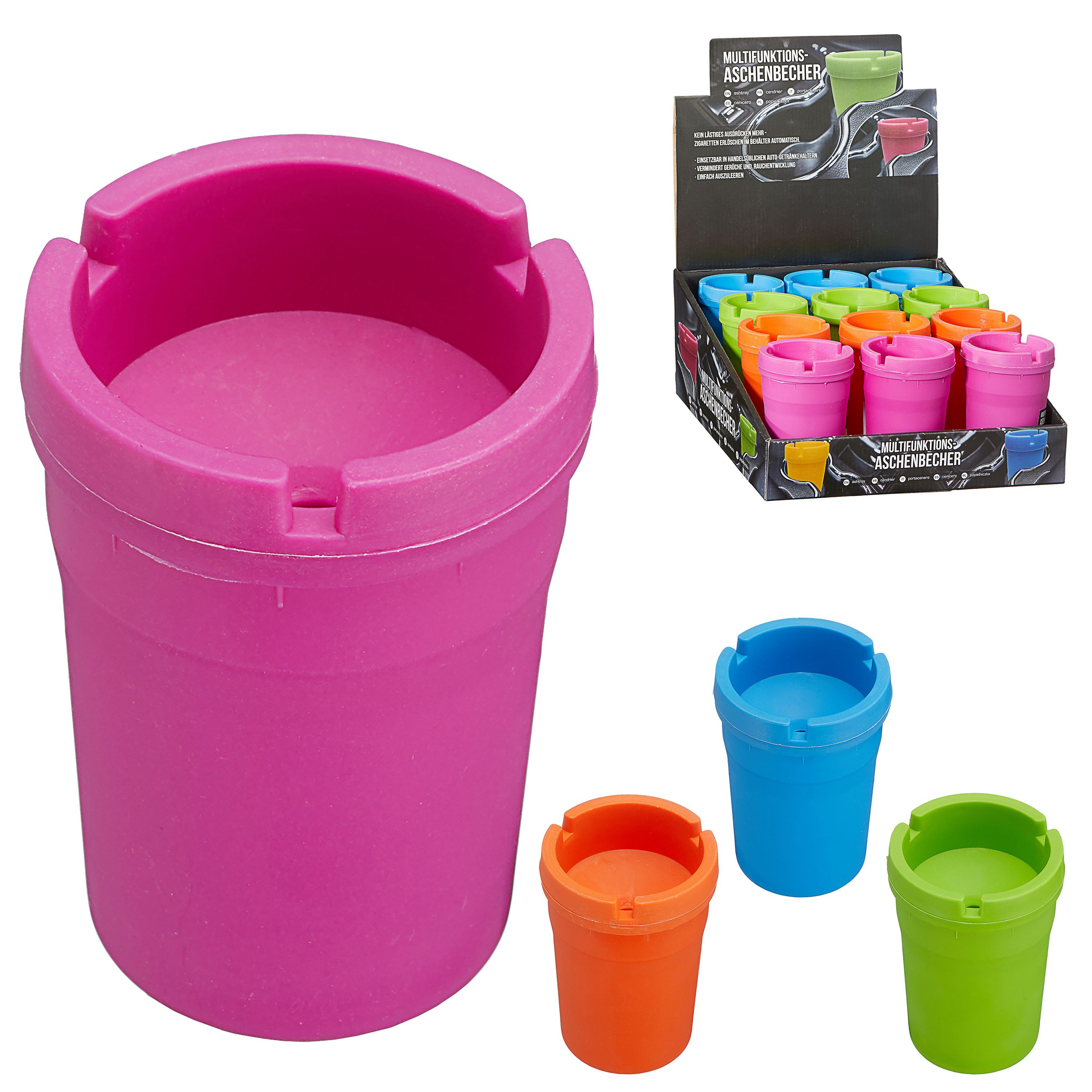 Aschenbecher Reiseaschenbecher 12er Set 8x11x8cm Kunststoff bunt Deckel abnehmbar