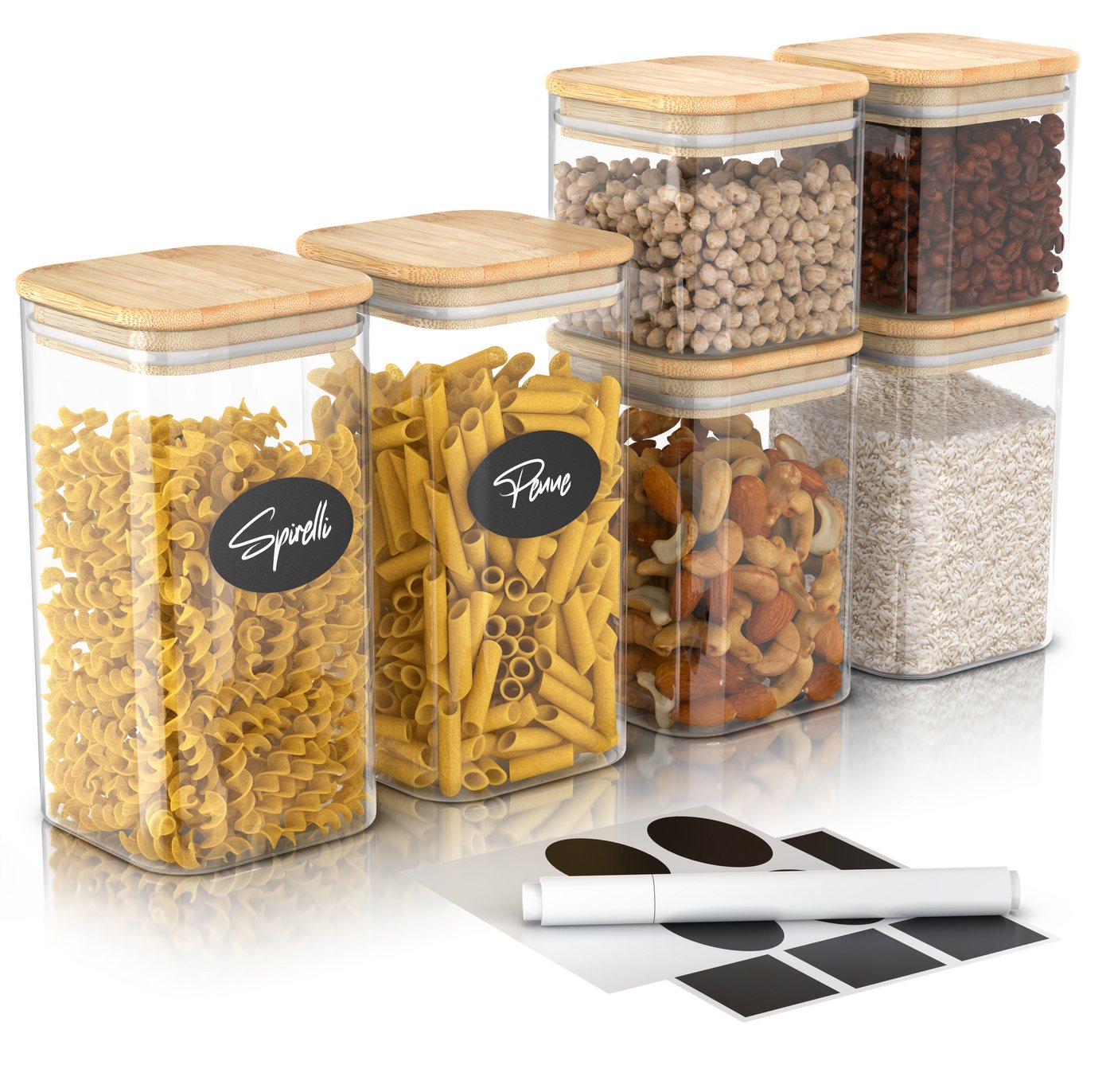 Arendo Aufbewahrungsbecher Glasbehälter Set 1L, 1,5L, 2L Borosilikat quadratisch mit Bambusdeckel, Borosilikatglas, Bambus, Silikon, (Vorratsbehälter-Set, 6-tlg., 6er Set), luftdicht, hitze & kältebeständig, Mikrowellen & spülmaschinengeeignet