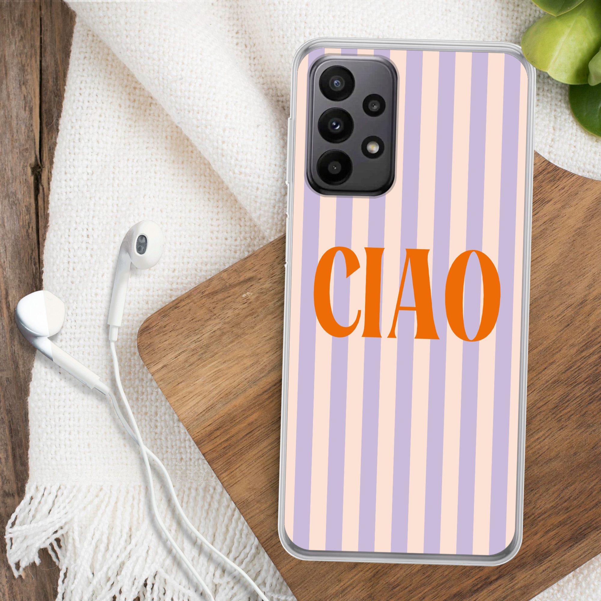 MuchoWow Handyhülle für Samsung Galaxy A23 5G Ciao - Zitat - Pastell - Streifen, Smartphone-Bumper, Print, Handy Schutzhülle Dünn