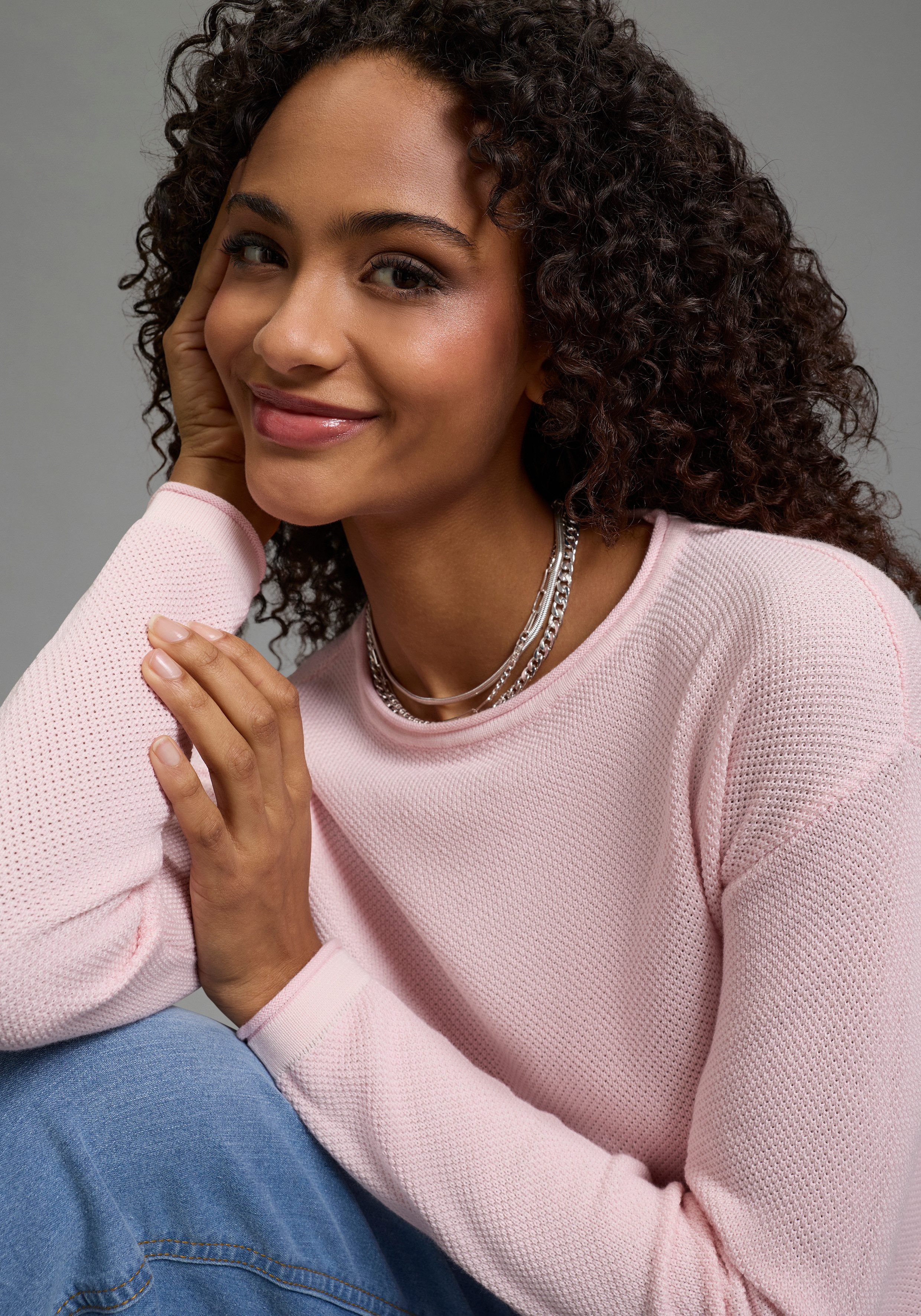 Laura Scott Rundhalspullover leichter Feinstrick mit Waffelmuster