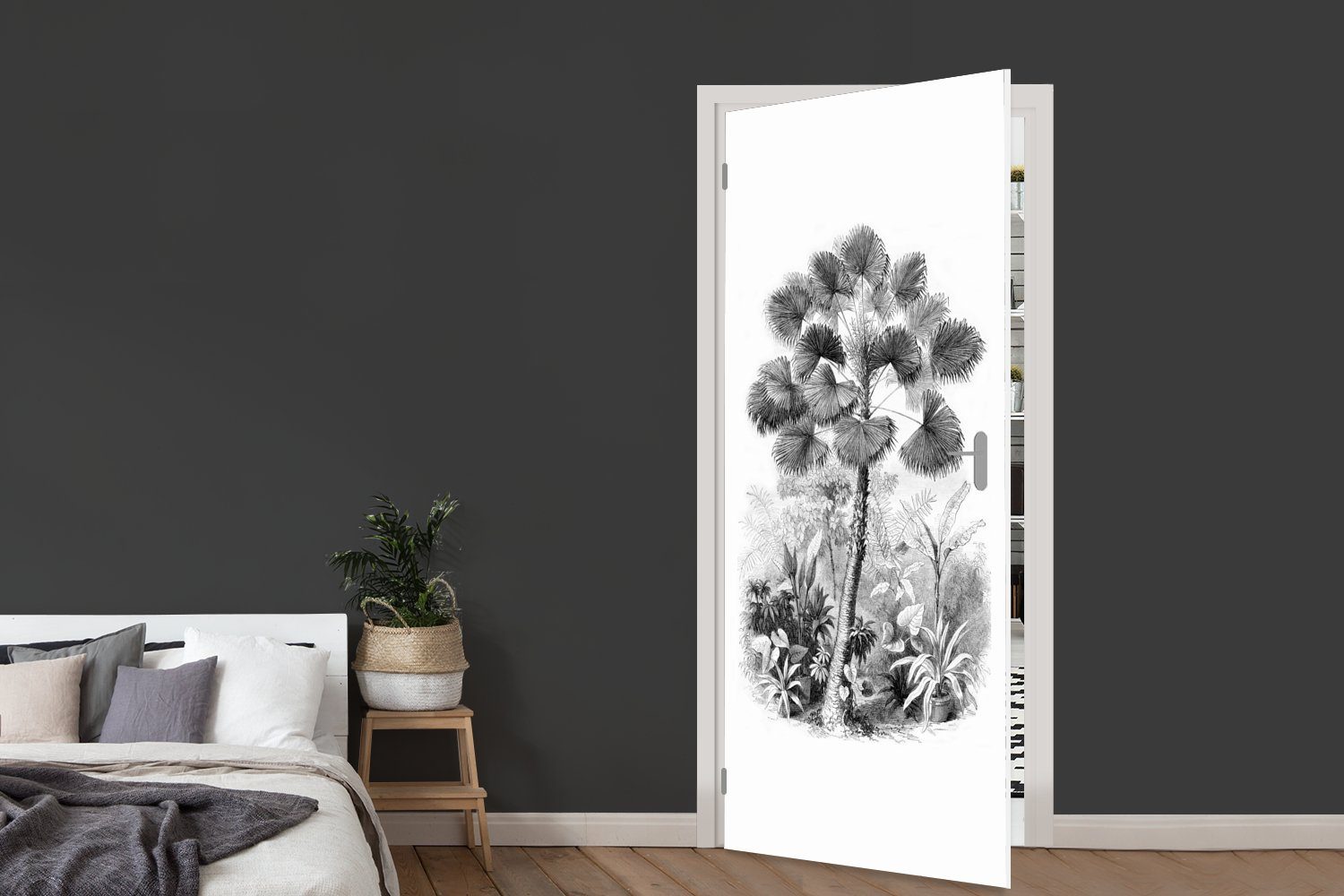 75x205 St), Tür, und Türaufkleber, weiß MuchoWow - Fototapete Türtapete Matt, - Design - Schwarz Palme, (1 cm für Blätter bedruckt,
