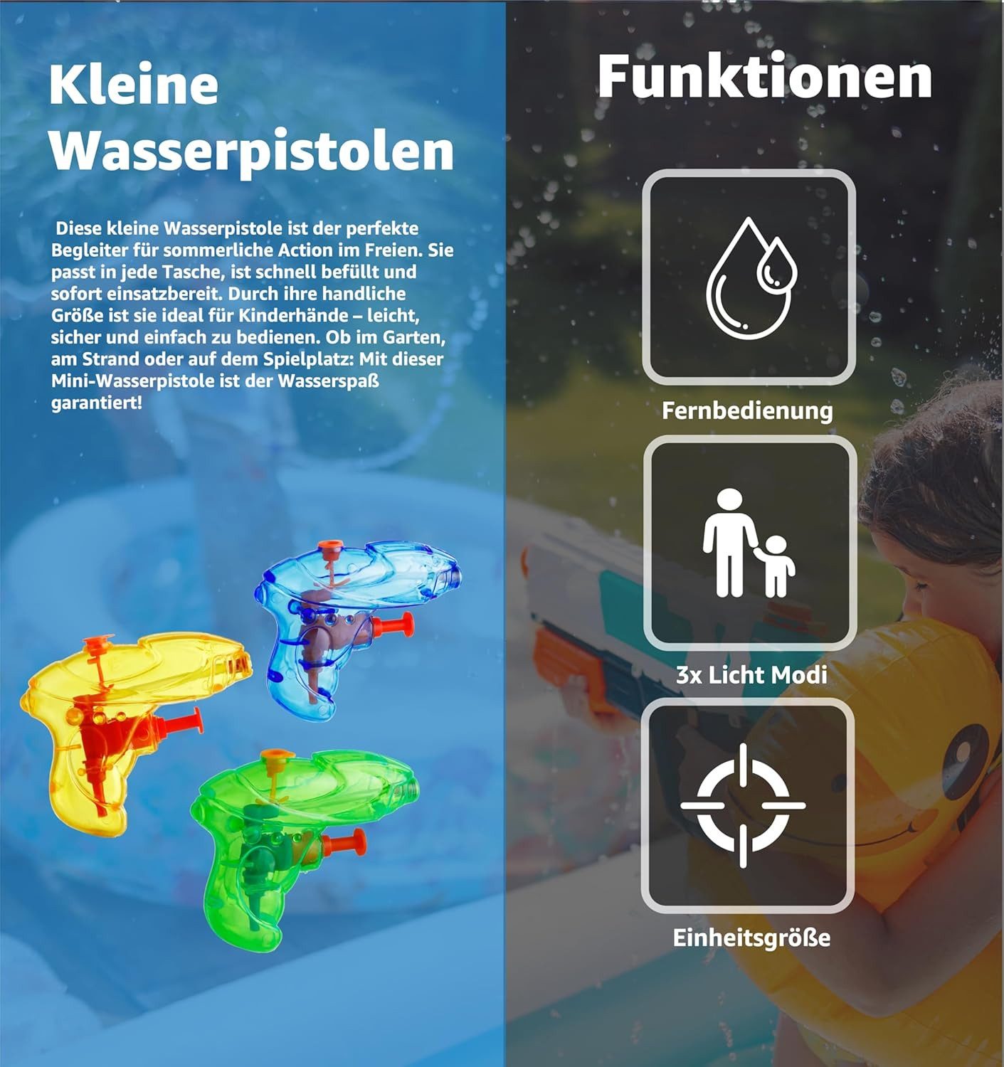 goKidsy Wasserpistole 3X Wasserpistolen Mix Klein Set (3er Set, 3-tlg., 3x Wasserpistolen), hohe Reichweite