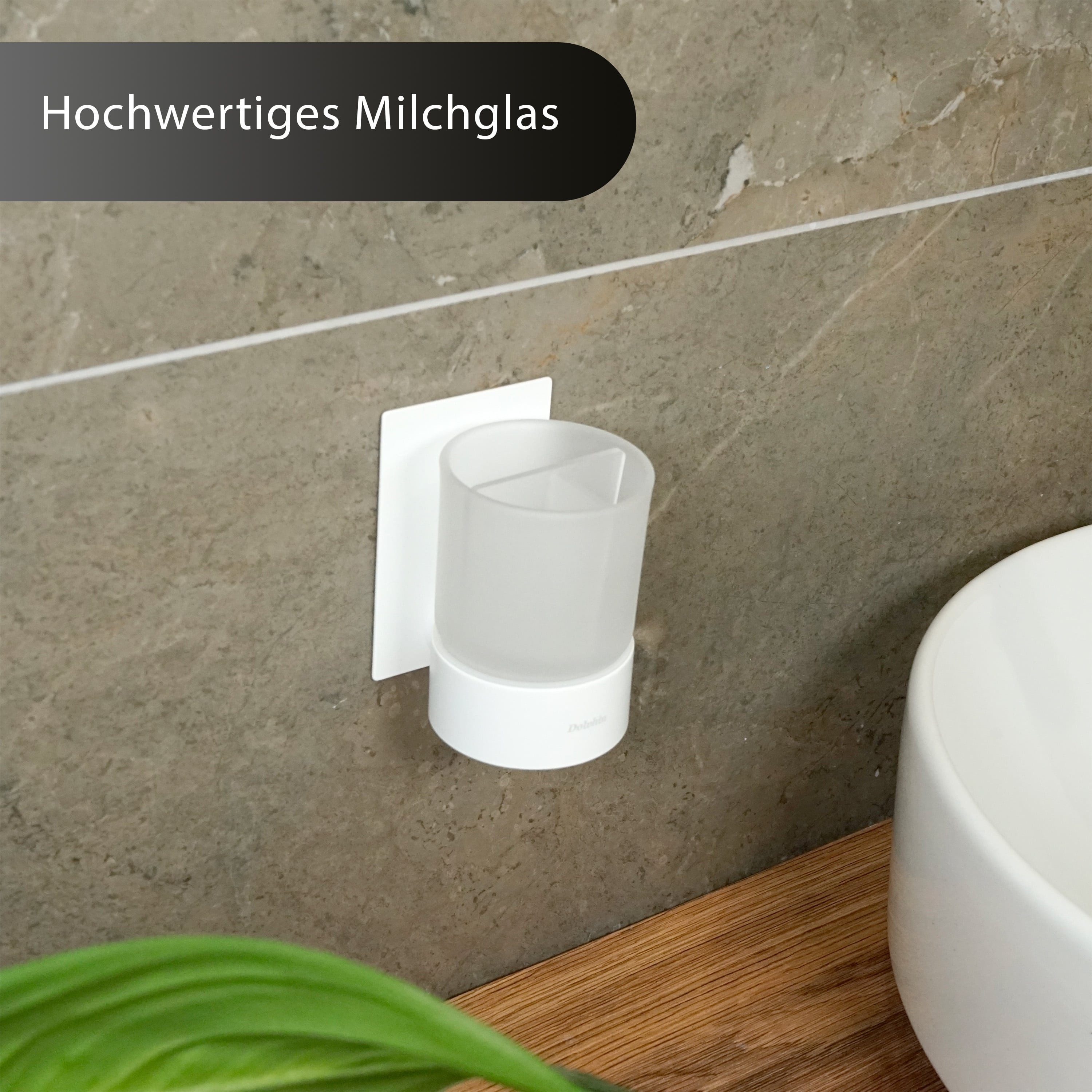 Dolvhin Zahnputzbecher Wandmontage ohne Bohren, Glas Zahnputzbecherhalter, Zahnbürstenhalter, (inkl. extra starkem 3M Klebestreifen), Zahnbürsten Organizer mit Trennfach