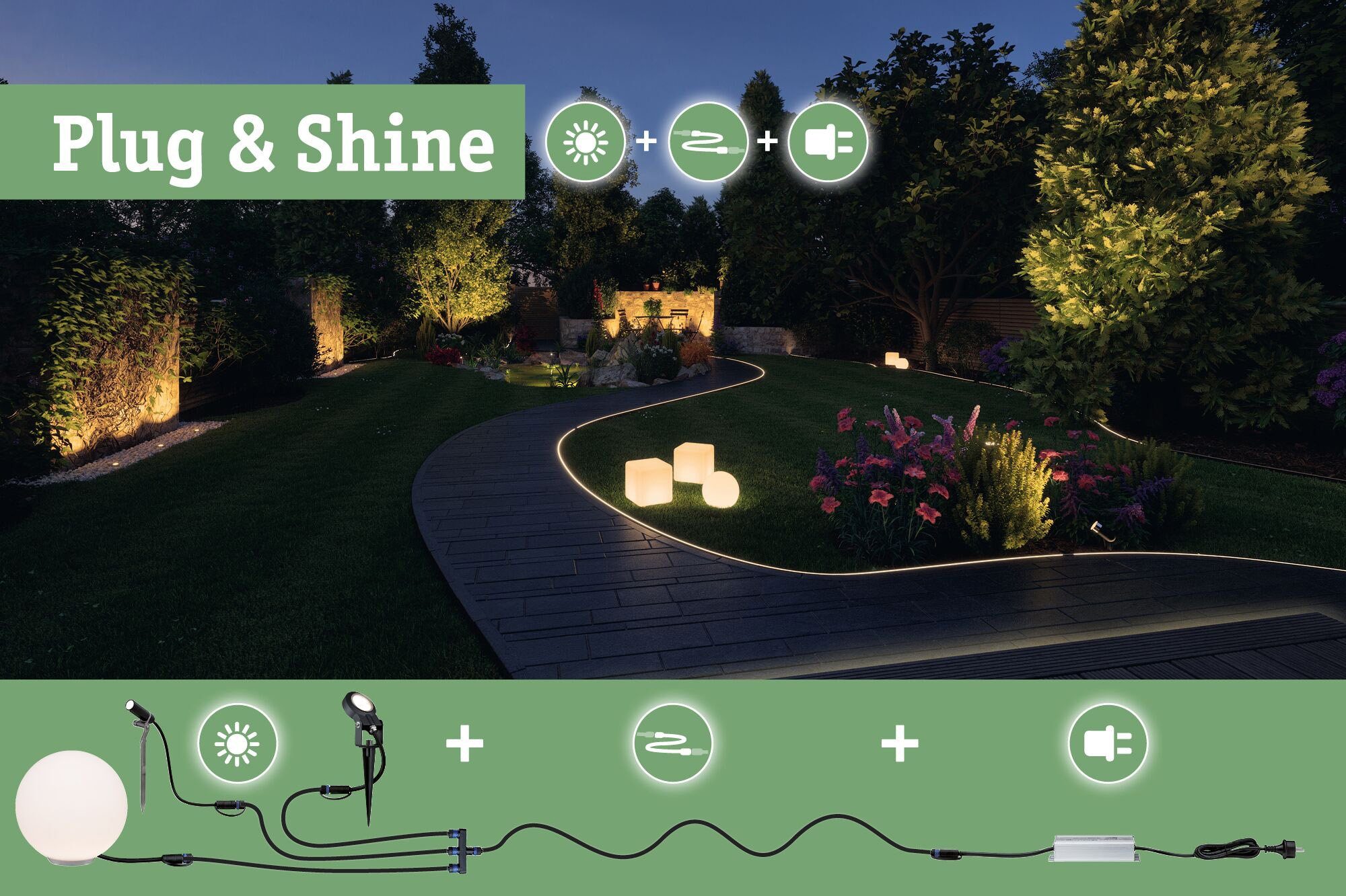 Plug&Shine, Paulmann LED 230V Warmweiß, Grey Alu 7W integriert, fest 3000K LED-Modul, Gartenleuchte LED IP65