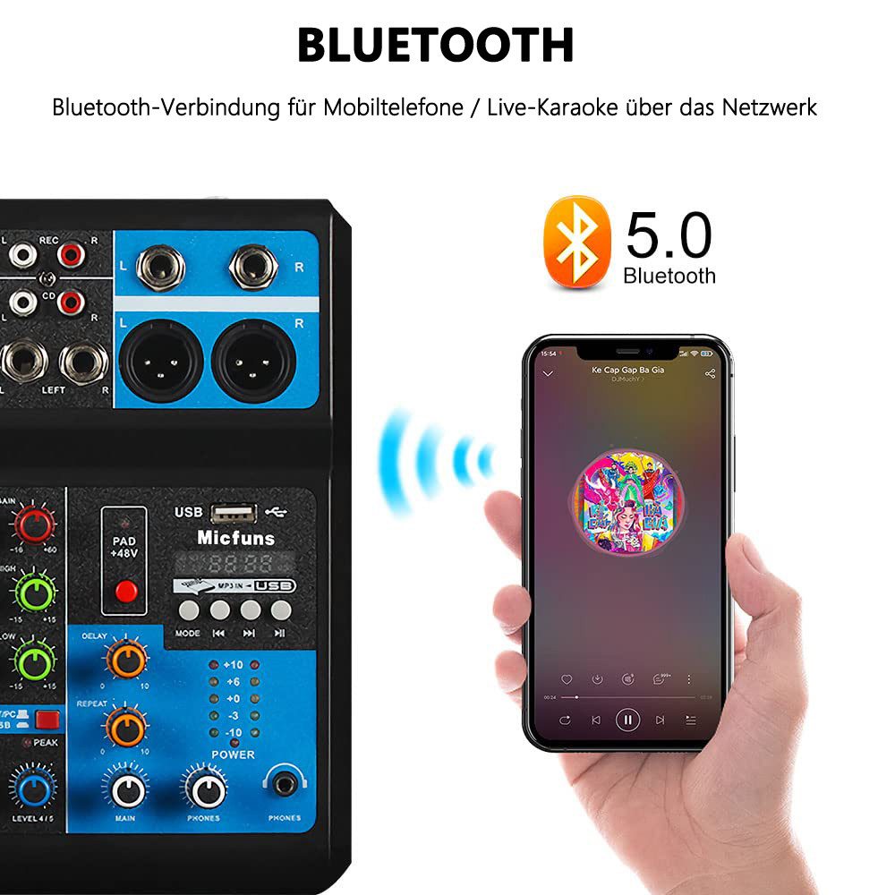 nsihing Mischpult Mini-Audio-DJ-Mixer, Soundboard-Konsolensystem, 5-Kanal, 48 V, Phantomspeisung mit Bluetooth, USB, MP3, Stereo, Live-DJ-Studio