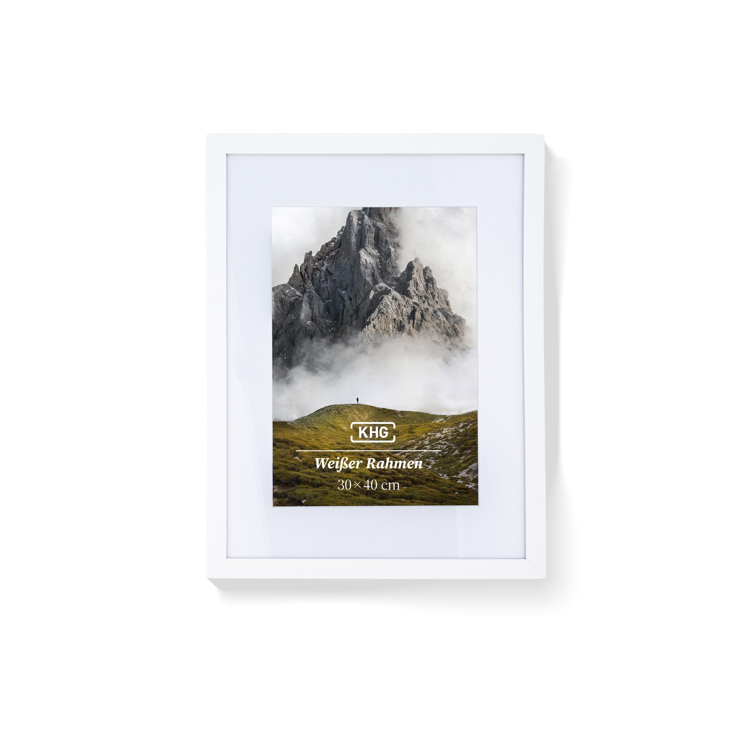 KHG Bilderrahmen 30x40 cm Weiß, für 1 Bilder (stabile Glasfront, MDF-Holz-Rahmen foliert & Passepartout, 1 St), Premium-Rahmen für Fotos, Poster, Zertifikate & Collagen