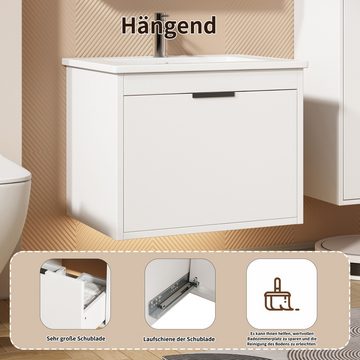 HIYORI Waschbeckenunterschrank Waschbeckenunterschrank hängend 60cm Breit mit Keramikwaschbecken und Schubladen