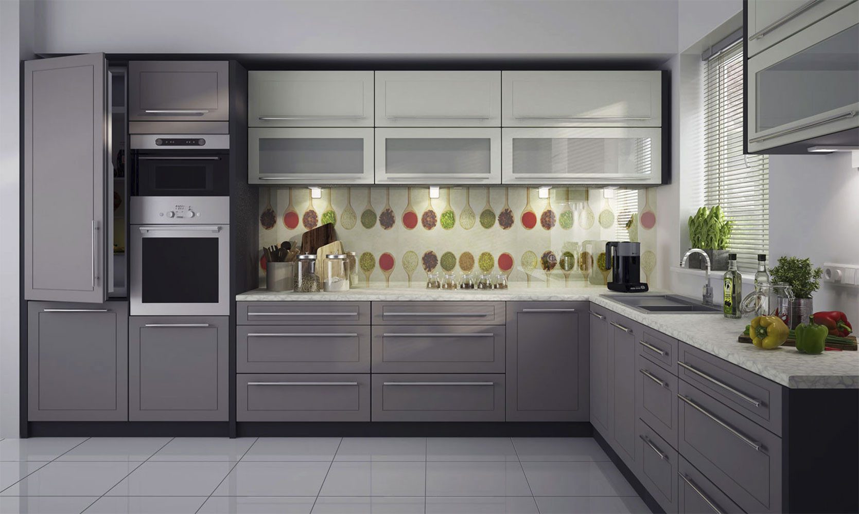 Feldmann-Wohnen Winkelküche Kvantum, (Kvantum), 385cm lava matt/ vanille + beige matt 14-teilig