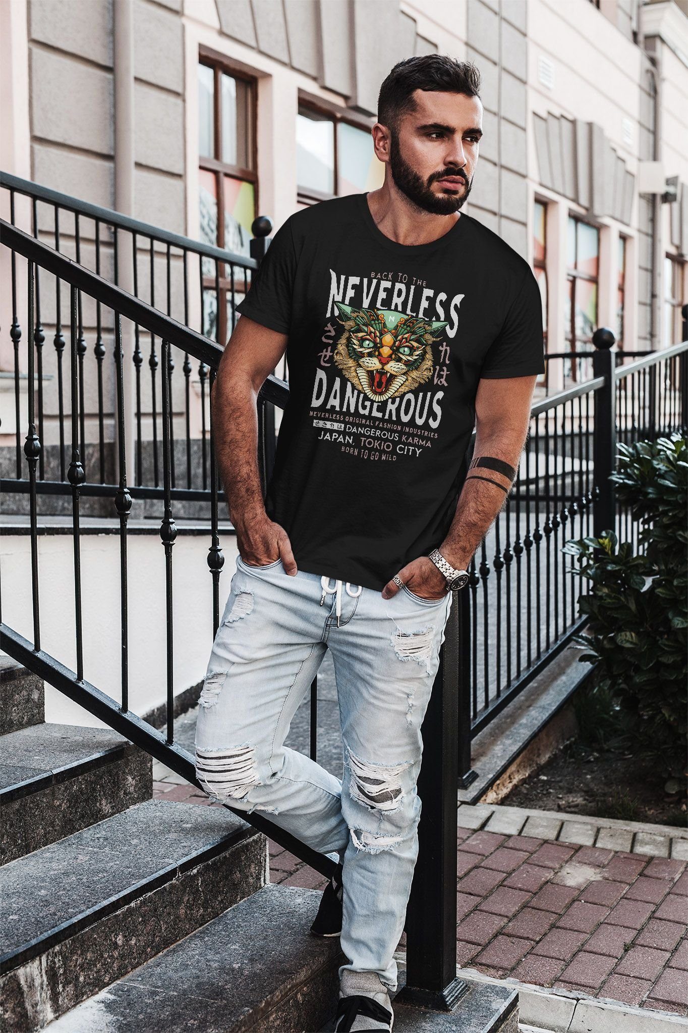 Katzenkopf mit Print Dangerous Herren Streetstyle Neverless Print-Shirt Print Design Japan Neverless® Tokio T-Shirt Fashion Cat City Schriftzug Motiv