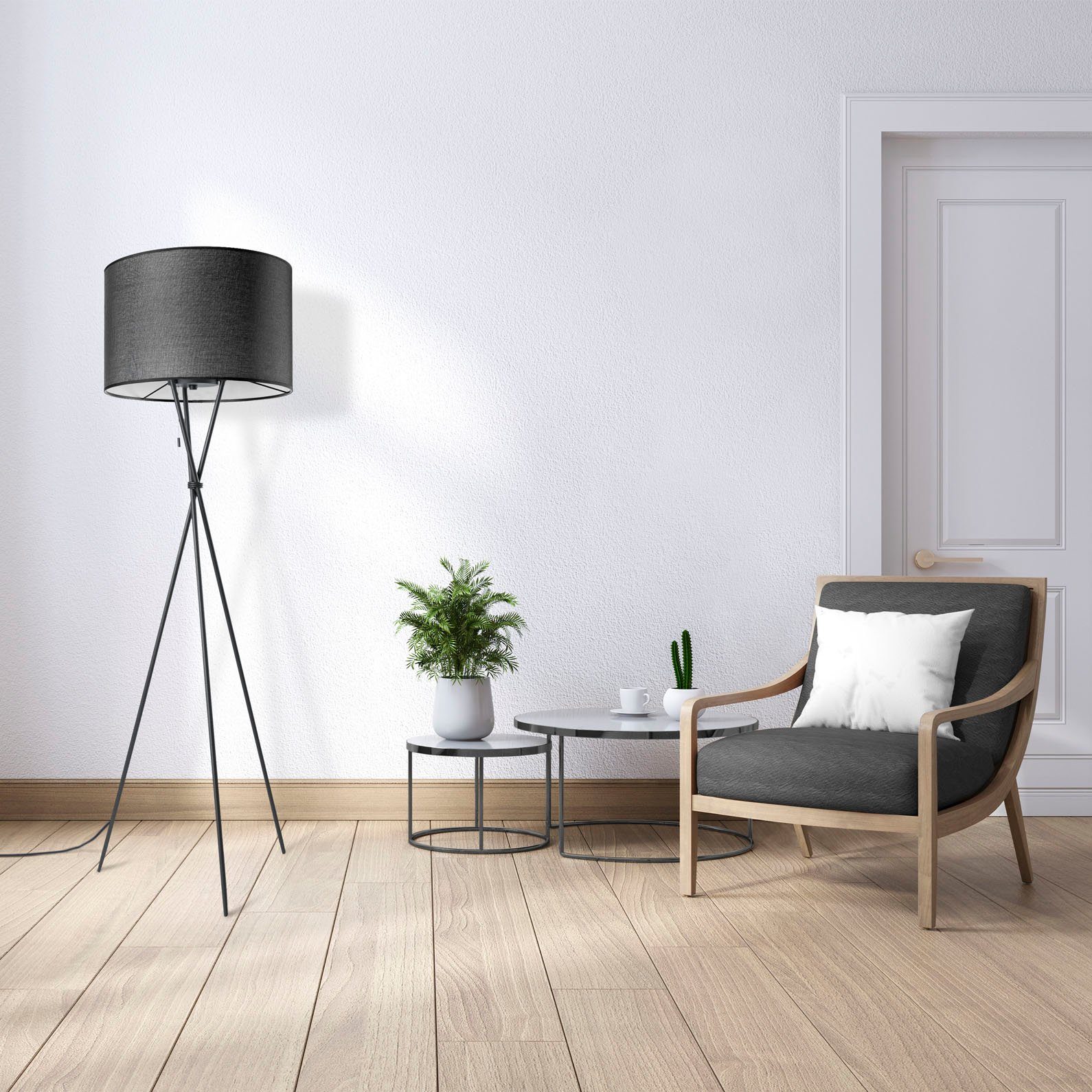 ohne Schirm COLOR, Dreibein Wohnzimmer CANVAS Standleuchte Paco Leuchtmittel, UNI schwarz Home Stehlampe Stoffschirmlampe schwarz Textil KATE E27