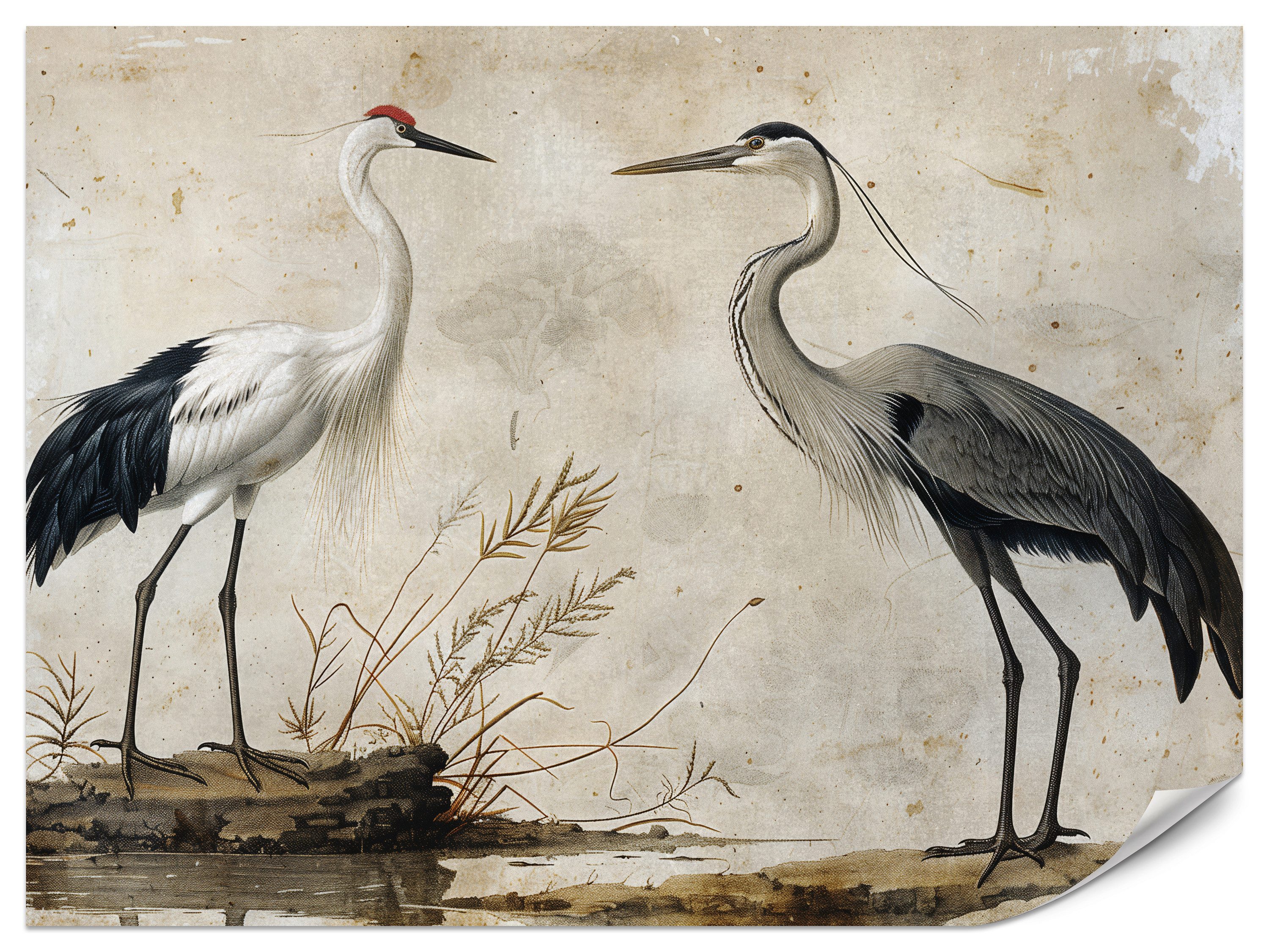 Muralo Fototapete Vliestapete - Vögel, Natur, Pflanzen, Vintage-Stil, Glatt, Grafisch, (Packung, 1 St., 100x70 cm), Kleber im Set, 3D-Optik, Wohnzimmer-Dekoration