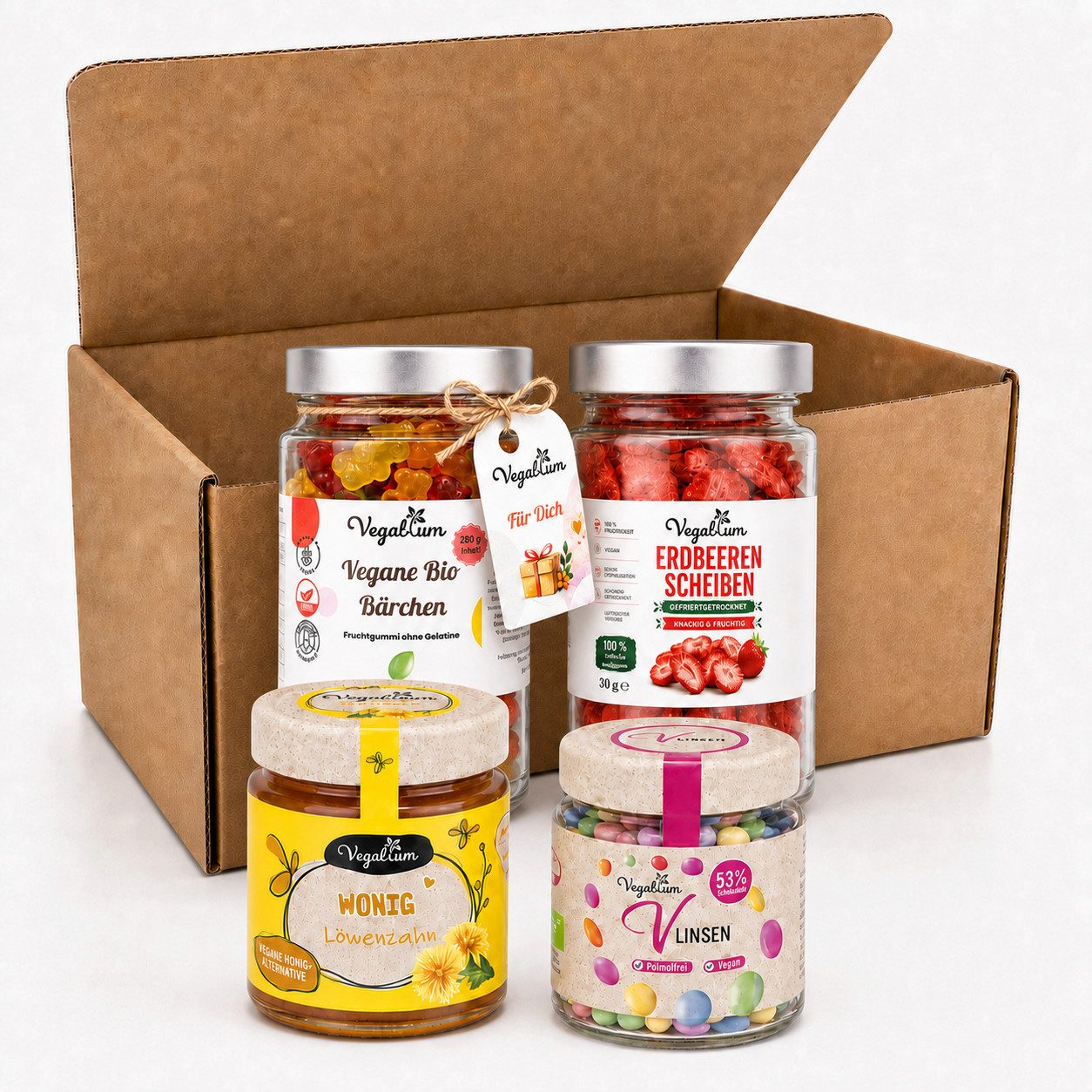 Vegablum Lebensmittel-Geschenkset Veganes Genuss Set mit Wonig und Süßigkeiten, 635 g, 4 x (Set, Veganes Genuss Set mit Wonig und Süßigkeiten, 635 g)