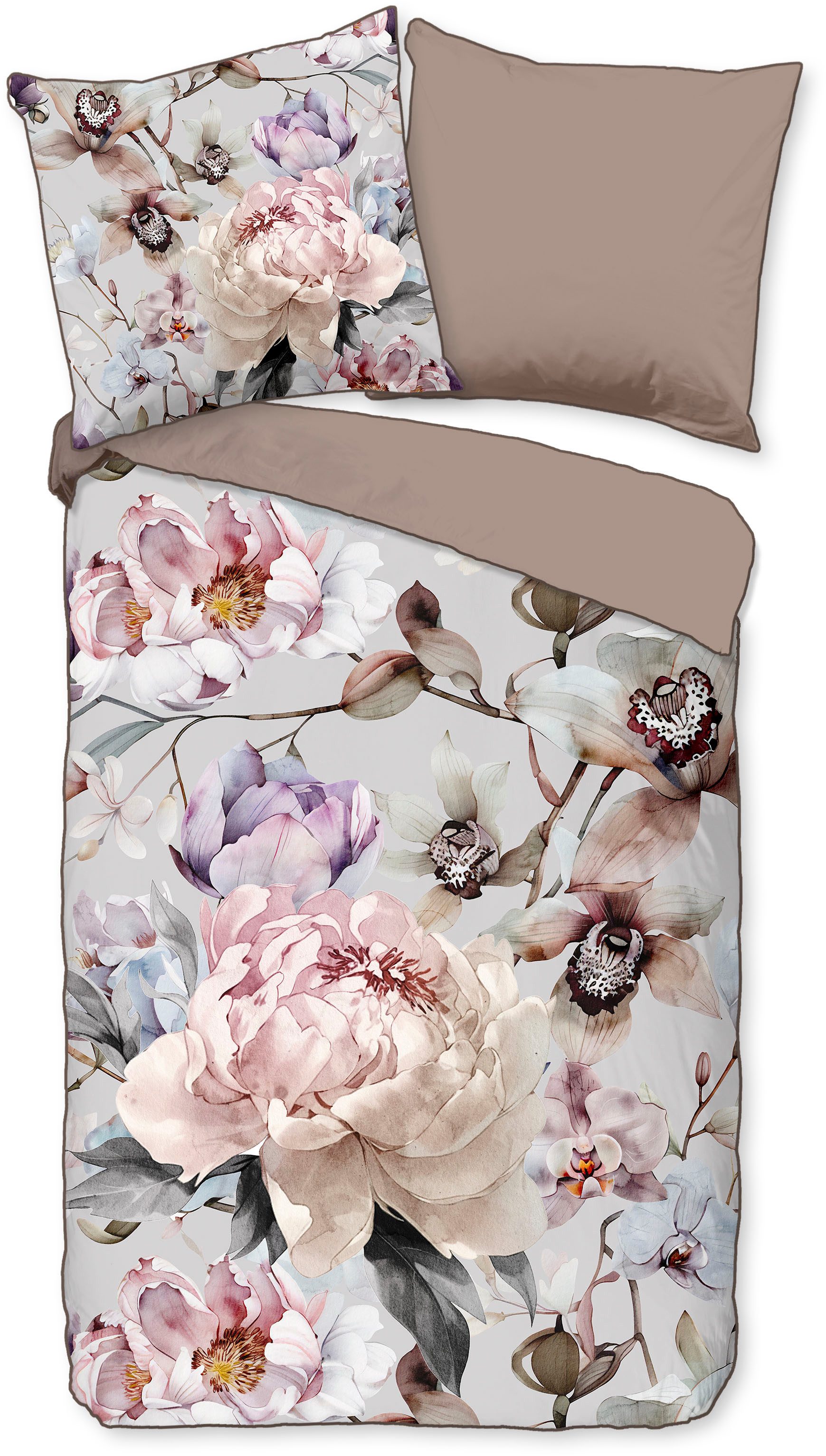 Descanso Wendebettwäsche Colinda, Mako-Satin, Renforcé, Satin, 3 teilig, Satin, Reißverschluss, Paspel, Biese, Wendeoptik, Luxe, Blumen, grau