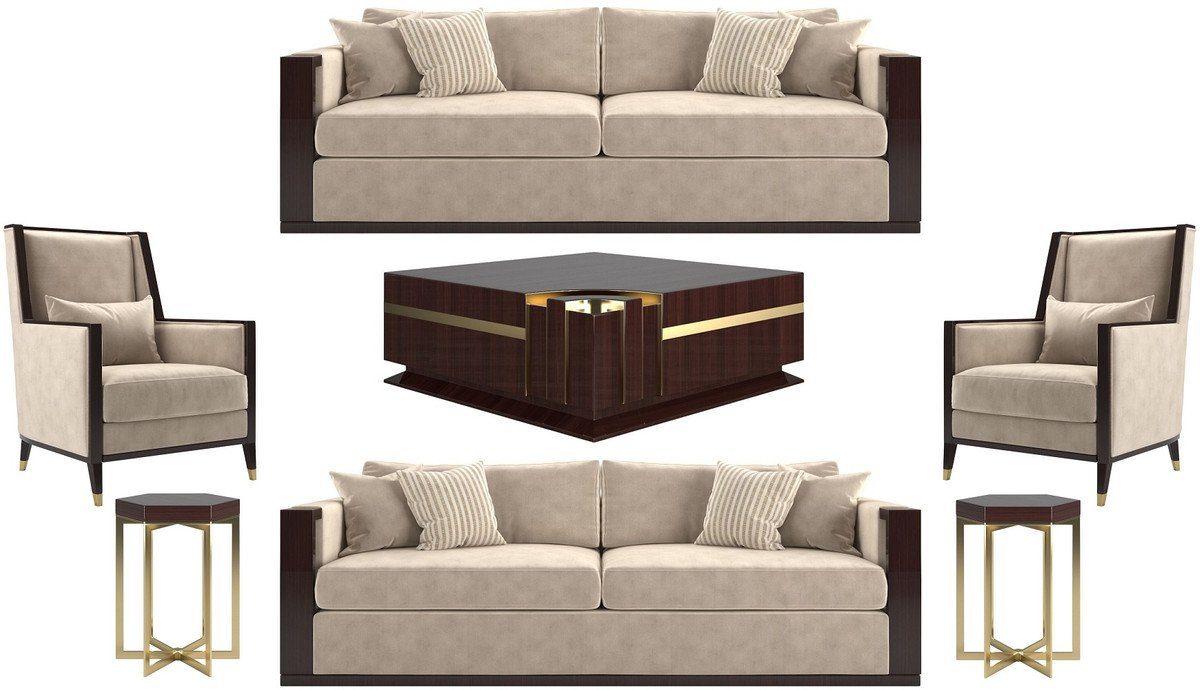 Casa Padrino Couchtisch Luxus Art Deco Set Beige / Dunkelbraun Hochglanz / Gold - 2 Sofas & 2 Sessel & 1 Couchtisch & 2 Beistelltische - Edle Möbel - Luxus Qualität