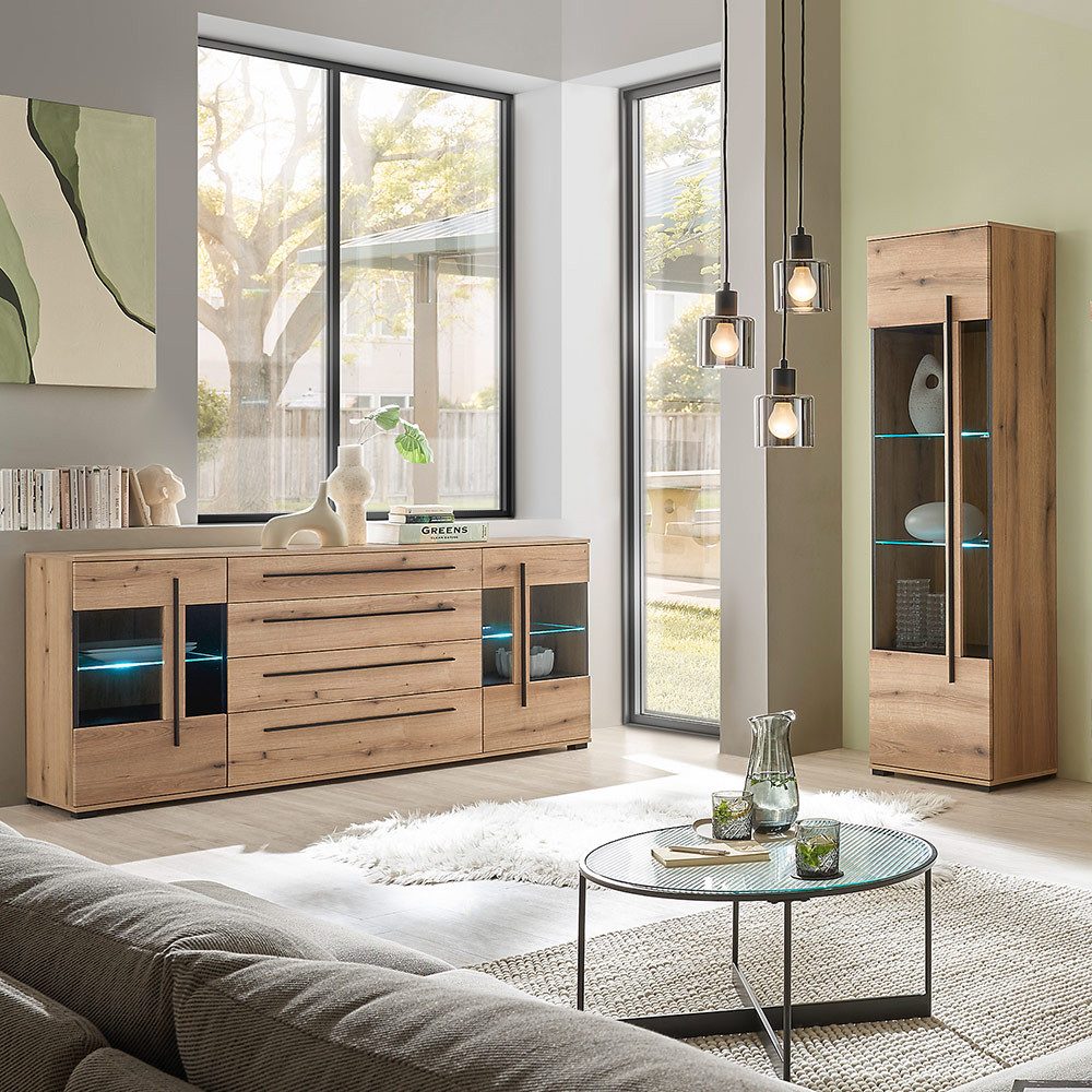 Lomadox Wohnzimmer-Set COLORADO-61, (Mega-Spar-Set, 2-St., Vitrine Sideboard), in Eiche mit LED Glasbodenbeleuchtung und Softclose Schubladen