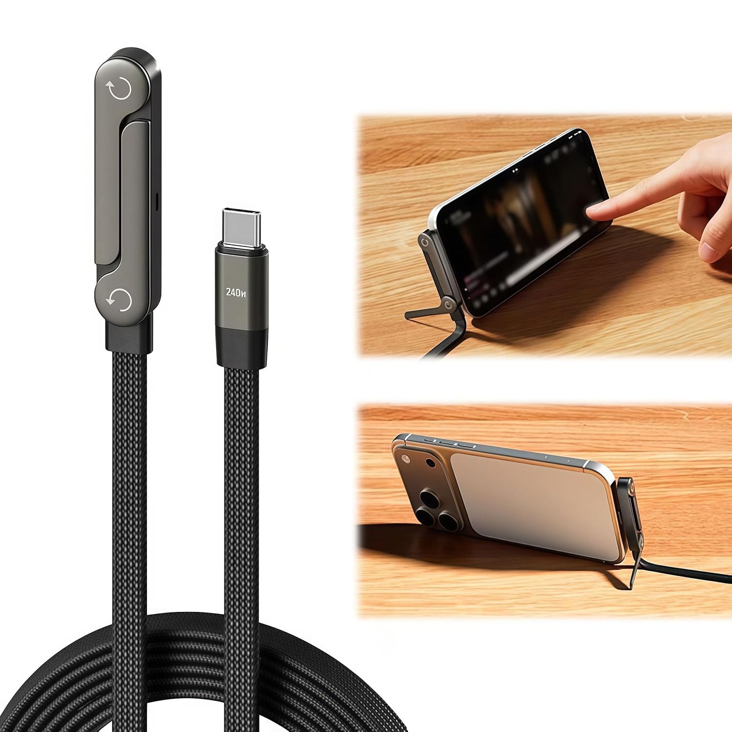 Vornix 240W USB C Ladekabel seitlich mit Faltbar Handy Ständer 1,5M Batteriekabel, USB-C auf C Datenkabel mit 90° rechtwinkligem Stecker, 2-in-1 Schnellladekabel, für Laptop, iPad, iPhone 17/16/15, Samsung Galaxy S25, Pixel, Xiaomi usw.