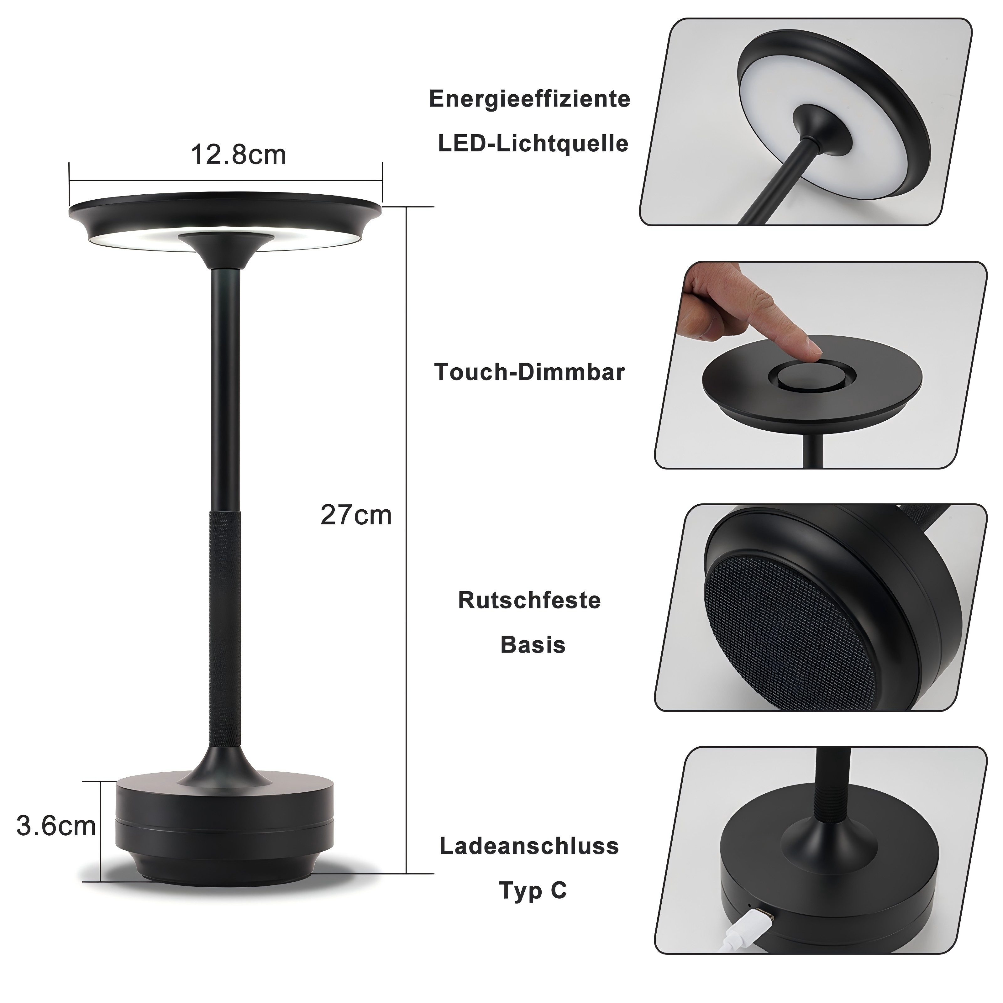 ZMH LED Tischleuchte Kabellos Nachttischlampe Touch Dimmbar Lampe Fensterbank Wohnzimmer, Augenschutz, Einfache Installtion, LED fest integriert, 3000-6500K, mehrere Helligkeitsstufen Akkulampe mit USB-Ladefunktion Kinderzimmer