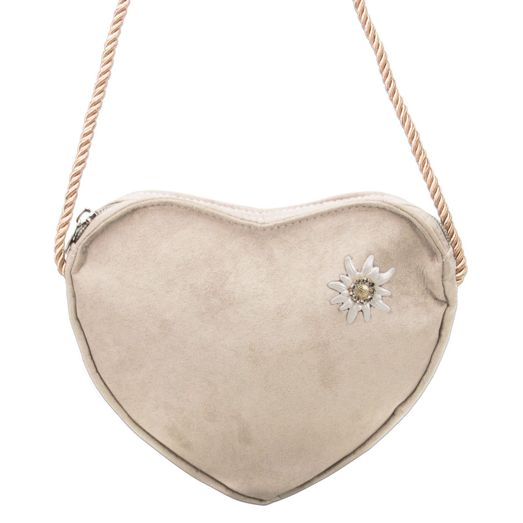 Alpenflüstern Schultertasche Herztasche Strass-Edelweiß Greta (taupe-grau), - Damen Trachtentasche in Herzform, Schultertasche fürs Dirndl, Herz H – Bild 2 von 2