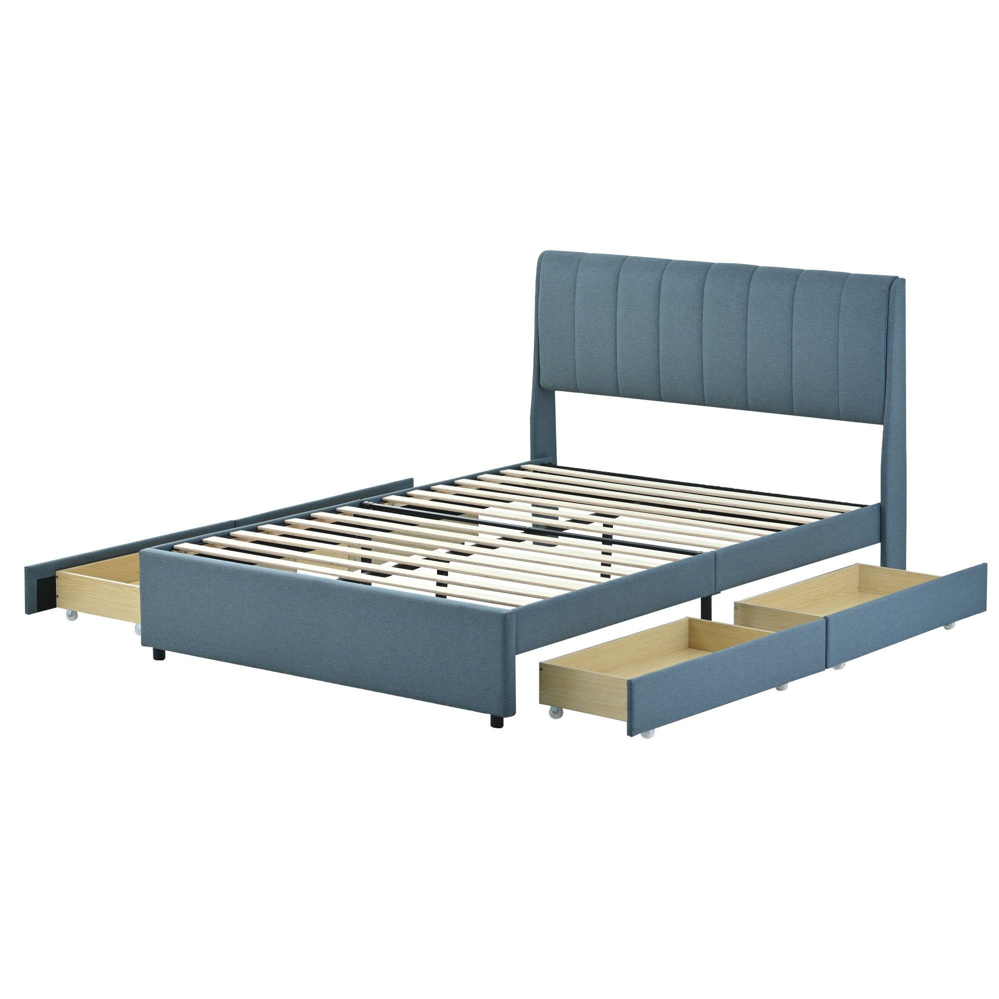 SOFTWEARY Polsterbett (Doppelbett mit 4 140x200 blau Leinen Schubladen und cm), Kopfteil, gepolsterter Lattenrost