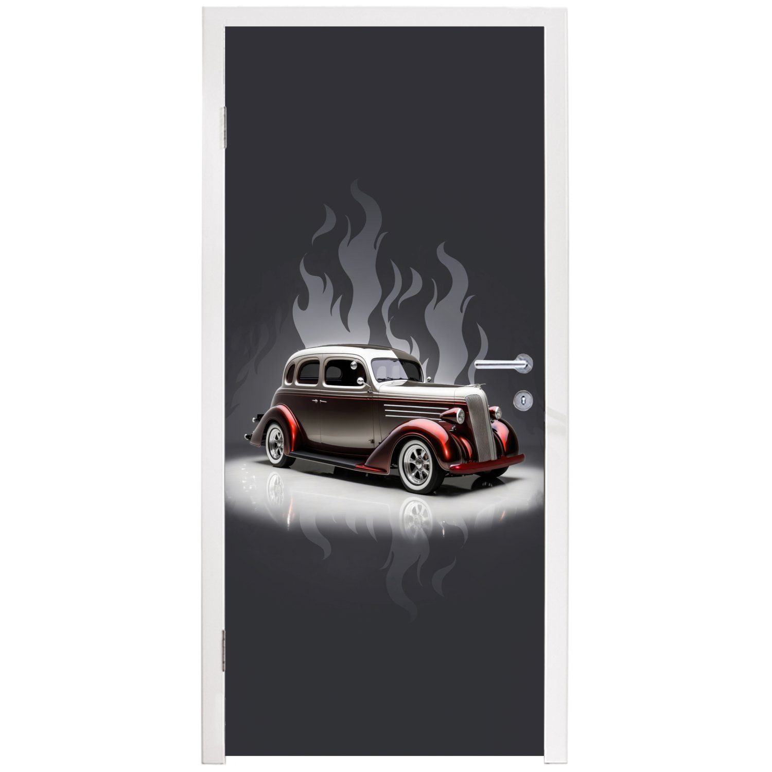 Fototapete Weiß - MuchoWow Flammen Türtapete für cm - Türaufkleber, Matt, Auto Tür, - St), Vintage, bedruckt, (1 75x205