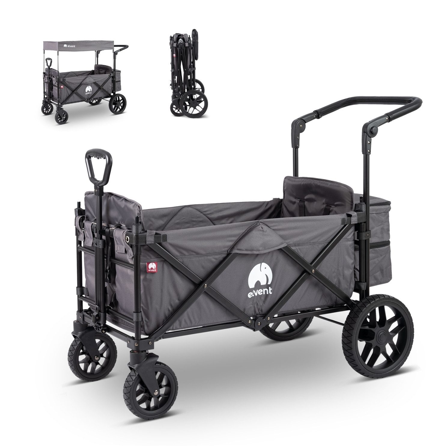 elvent Bollerwagen SmartCruiser Premium, Kompakt faltbar, Für 1-2 Kinder, Ideal für Familienausflüge