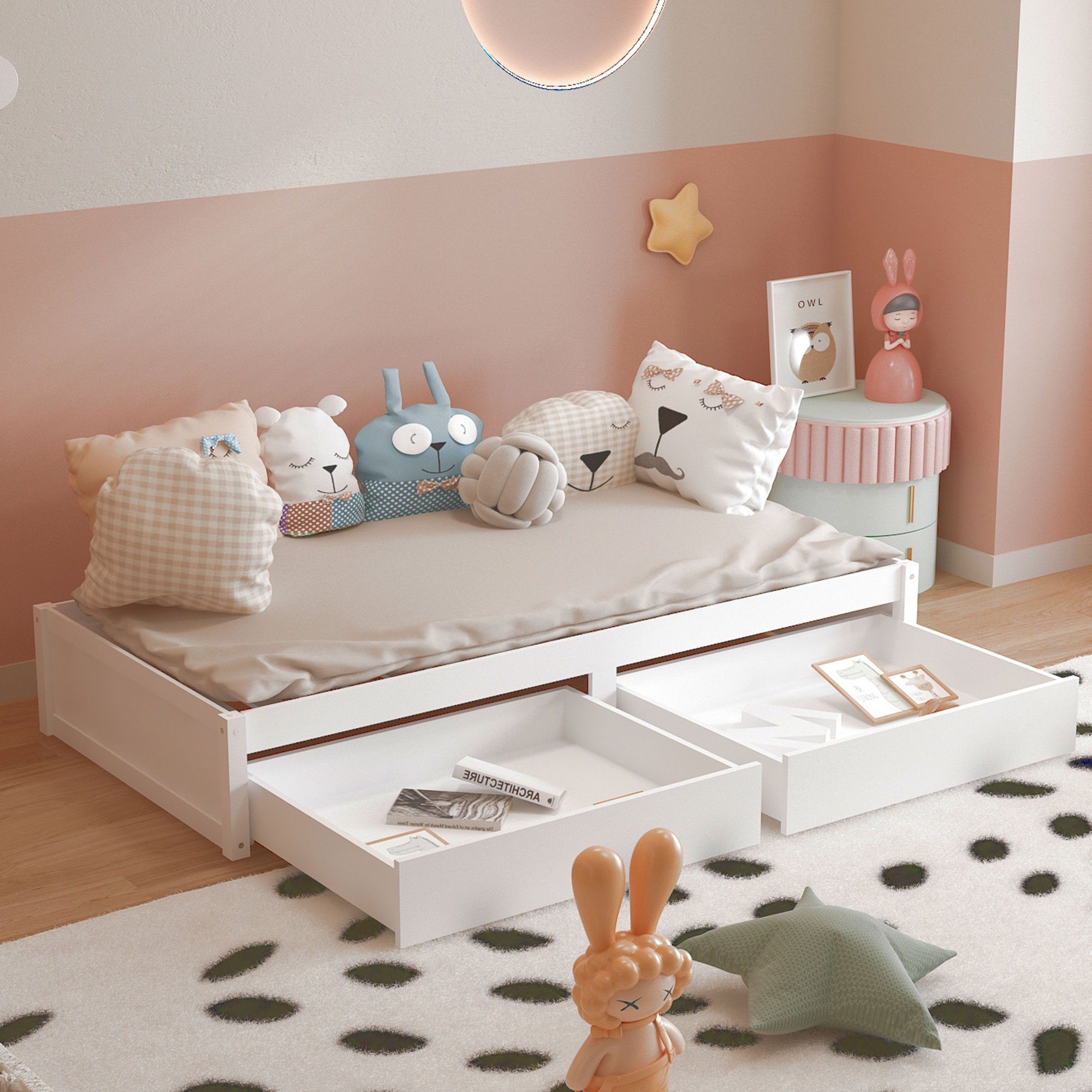 Holzbett mit Kinderbett, Einzelbett Schubladen weiß Bodenbett 2 Flieks 90x200cm