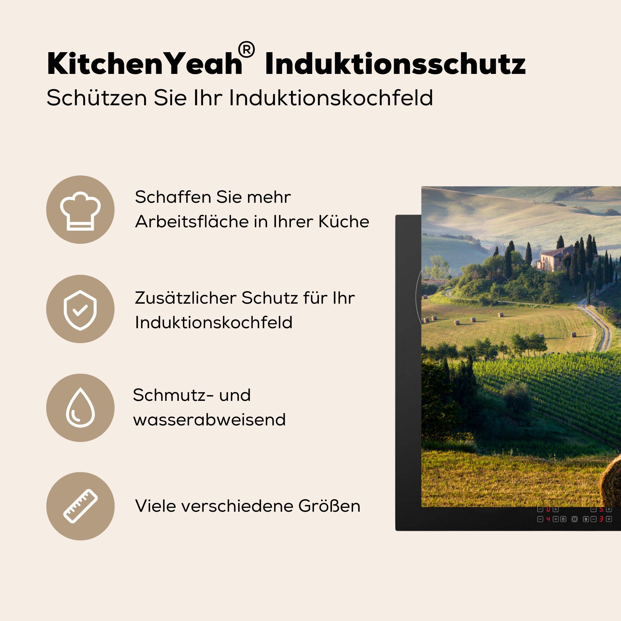 78x78 cm, (1 Toskana Arbeitsplatte Landschaft - Ceranfeldabdeckung, - Herdblende-/Abdeckplatte tlg), Grün, MuchoWow Vinyl, für küche