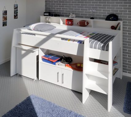 Parisot Hochbett »2159COMB - Swan Einzelbettgestell Hochbett mit Schreibtisch in Weiß 2 Türiger Schrank Ablagefächer Schublade« (Komplett, 0-St., Komplett) Schreibtisch