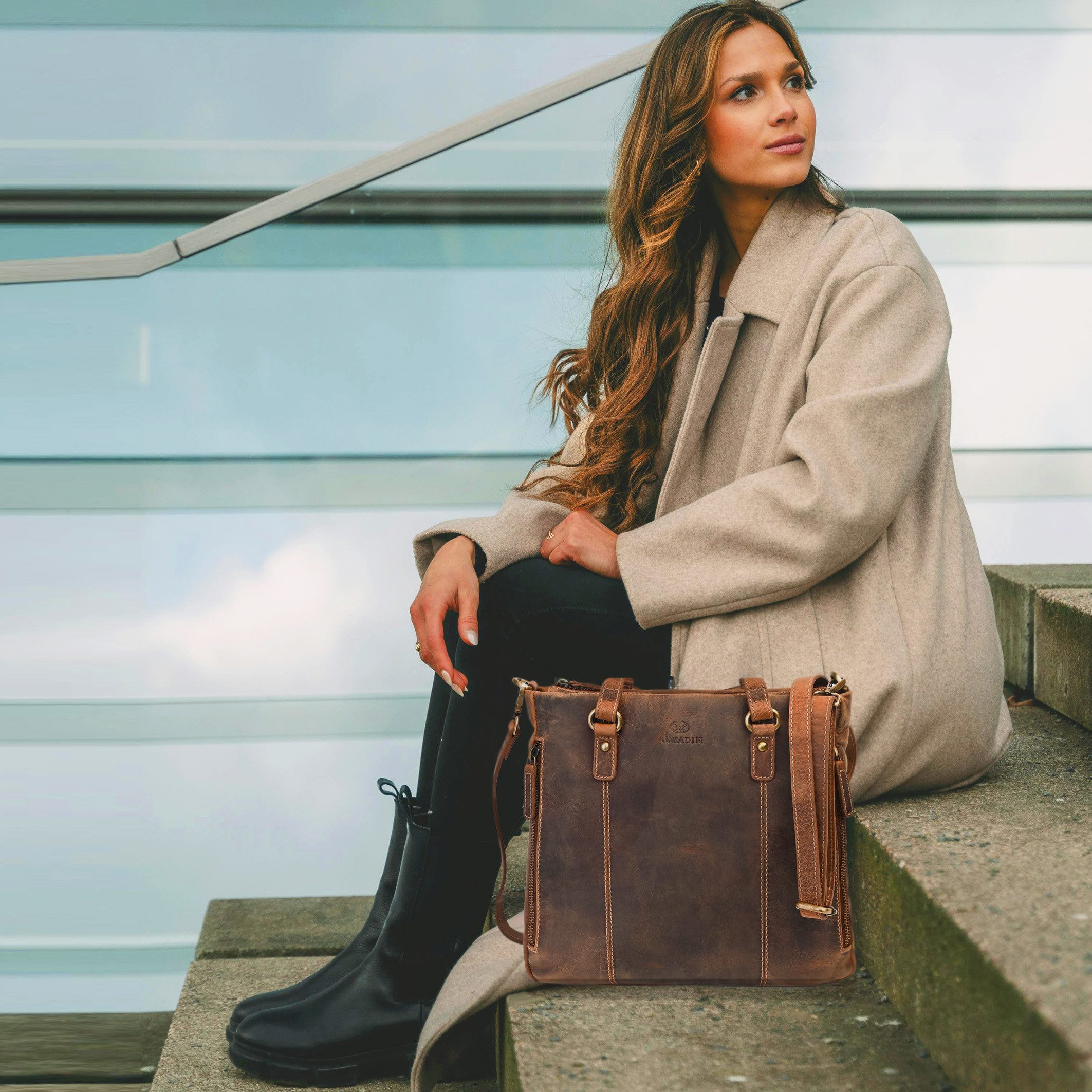 ALMADIH Schultertasche Leder Damentasche CLAIRE Ledertasche Handtasche Umhängetasche