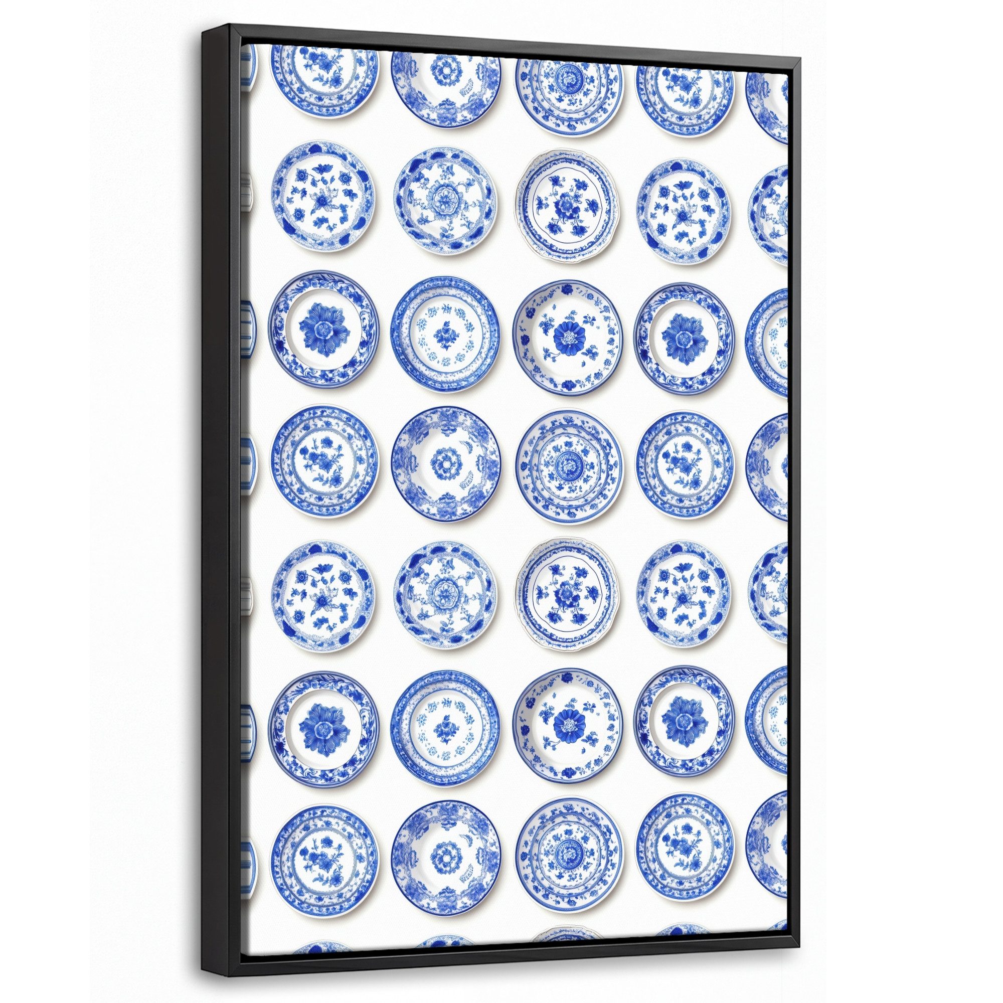OneMillionCanvasses® Leinwandbild mit Rahmen - Teller - Blumen - Muster - Blau, Fotodruck (1 St), Deko für Wohnzimmer Schlafzimmer Küche 20x30cm