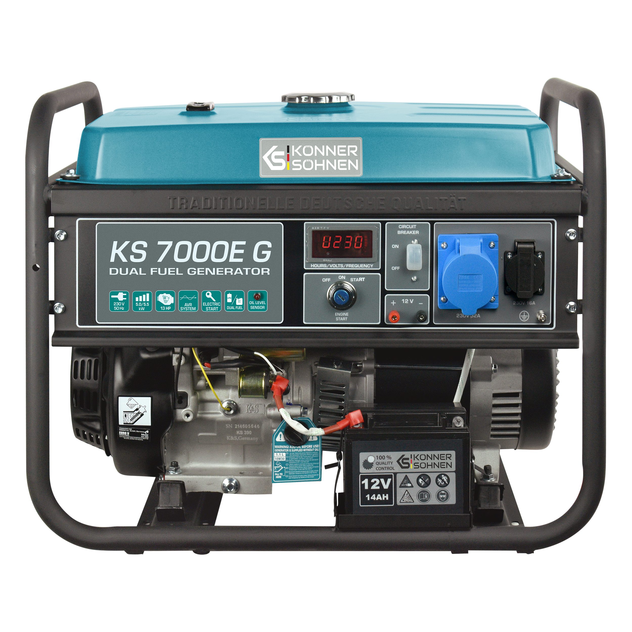 Könner & Söhnen Stromerzeuger KS 7000E G, 5,50 in kW, (4-Takt, Kupfer,Steckdosen 1x16A (230V),1x32A (230V), 1-tlg., E-Start, Automatischer Spannungsregler), Automatischer Spannungsregler, Anzeige (Volt, Hz)