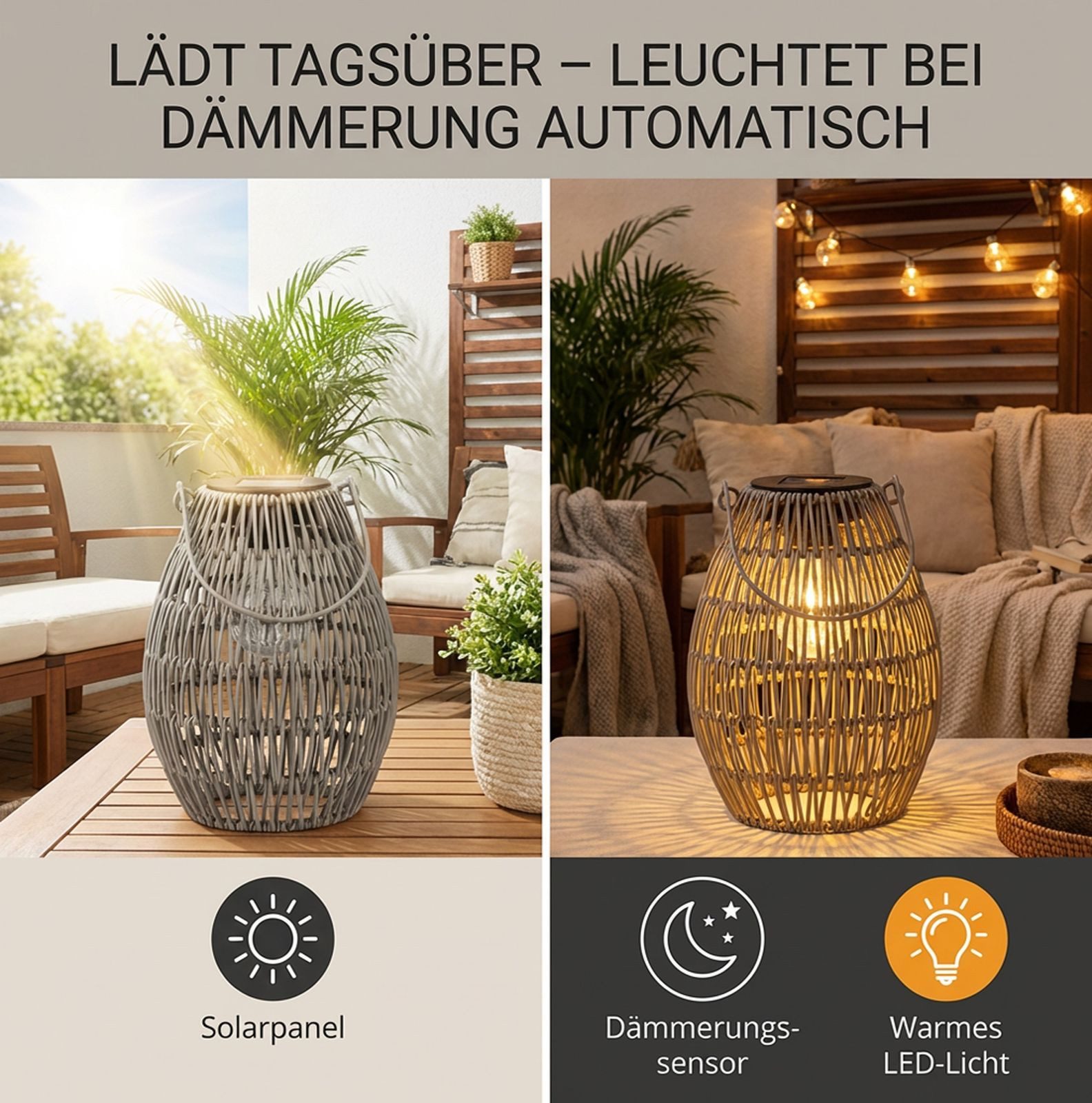formano LED Laterne Solarlaterne Außen Balkon Metall Laterne Rattan-Look IP44, LED fest integriert – Bild 4 von 5