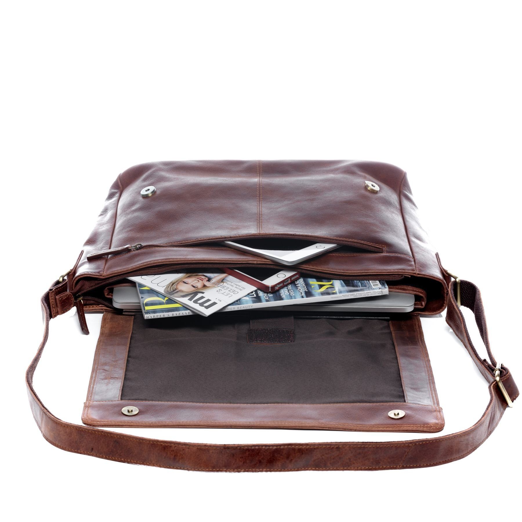 SID & VAIN Messenger Bag SPENCER groß Laptop-Tasche 15 Zoll echt Leder, Umhaengetasche Laptop Fach Herren Damen Schultertasche braun